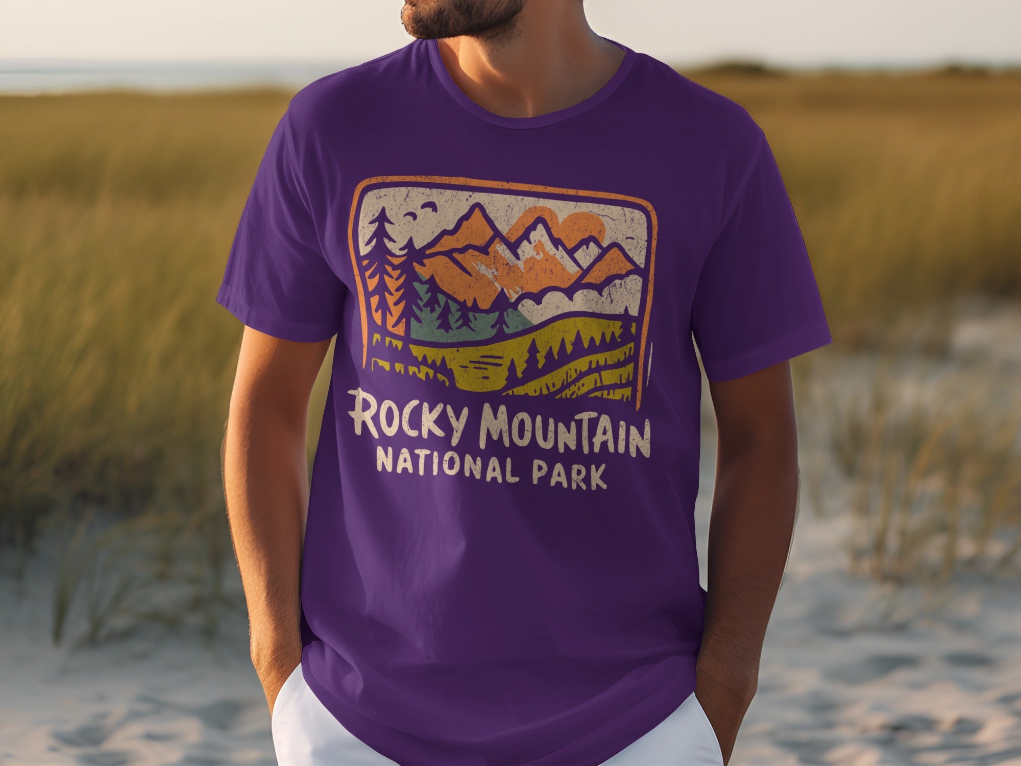 Purple t-shirt with Rocky Mountain National Park graphic and text.