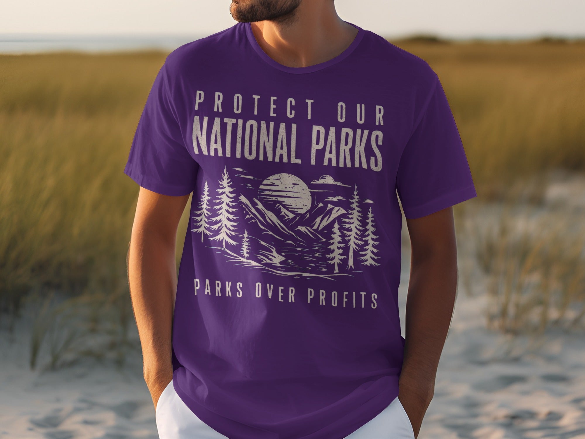 Purple t-shirt with "Protect Our National Parks" and landscape graphic.