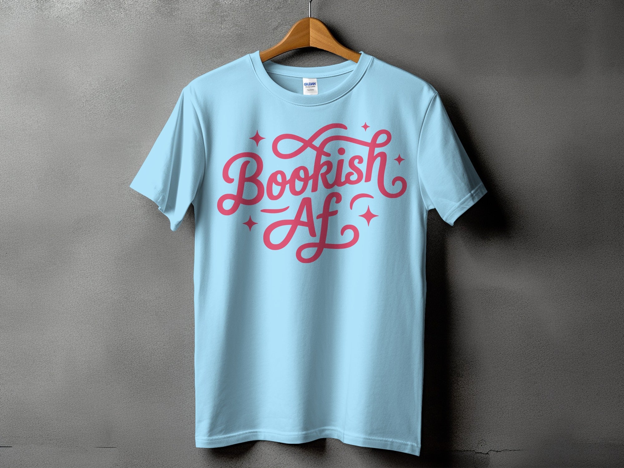 Light blue t-shirt with pink "Bookish AF" text and sparkles.