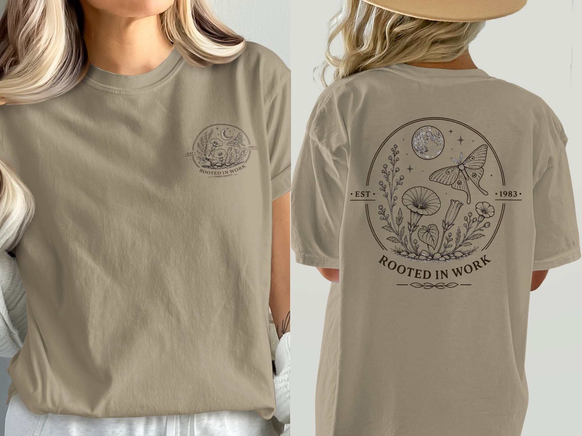 Tan t-shirt with circle graphic of moon, moth, and plants, reading "Rooted in Work".