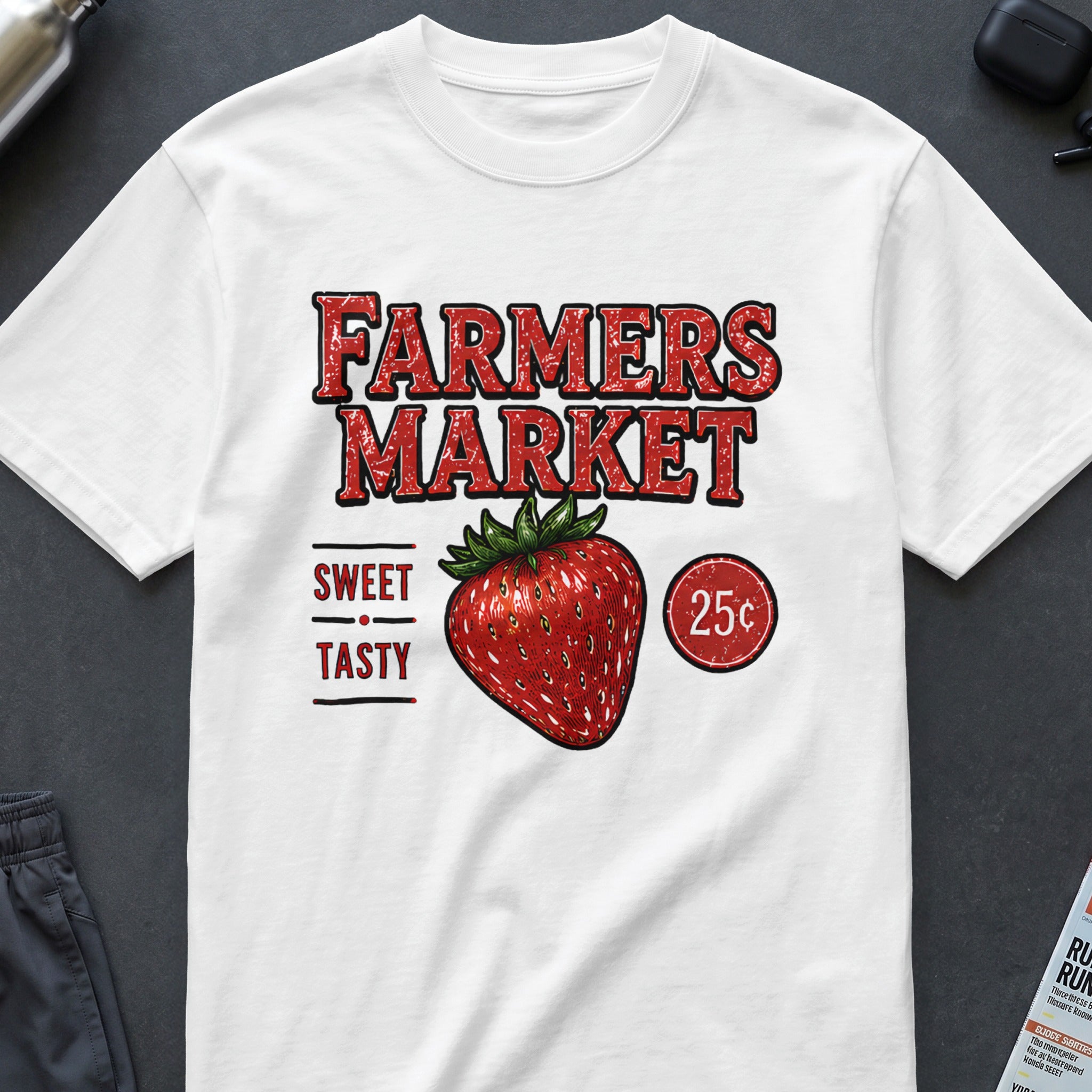 White t-shirt with "Farmers Market" text, strawberry, and "25¢" graphic.