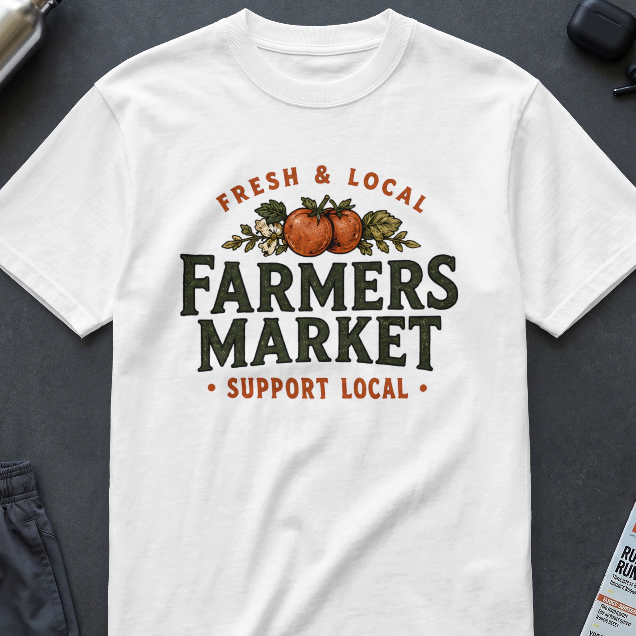 White t-shirt with "Fresh & Local Farmers Market Support Local" text and tomatoes.