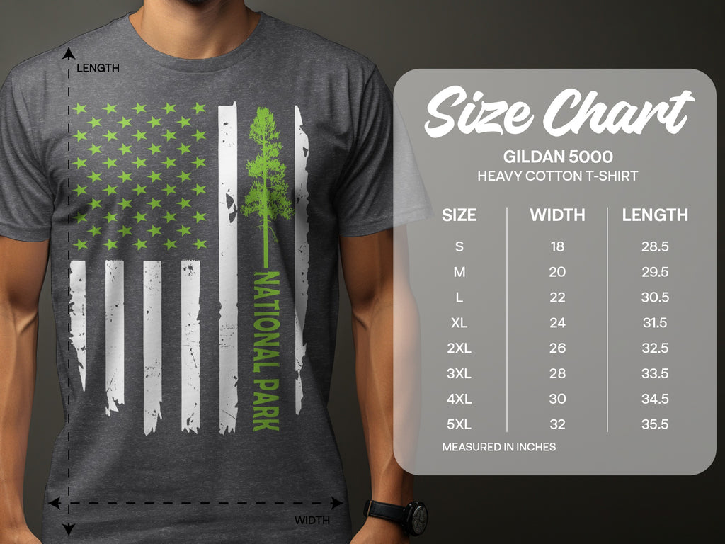 National Park t-shirt with distressed American flag design and size chart.