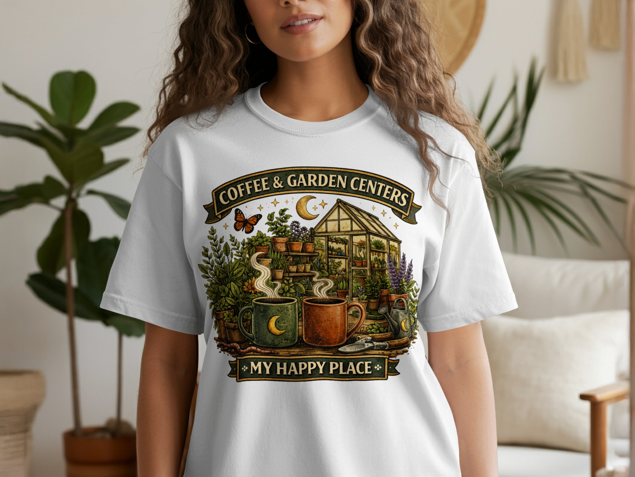 T-shirt graphic with greenhouse, plants, coffee mugs, and text "Coffee & Garden Centers, My Happy Place".