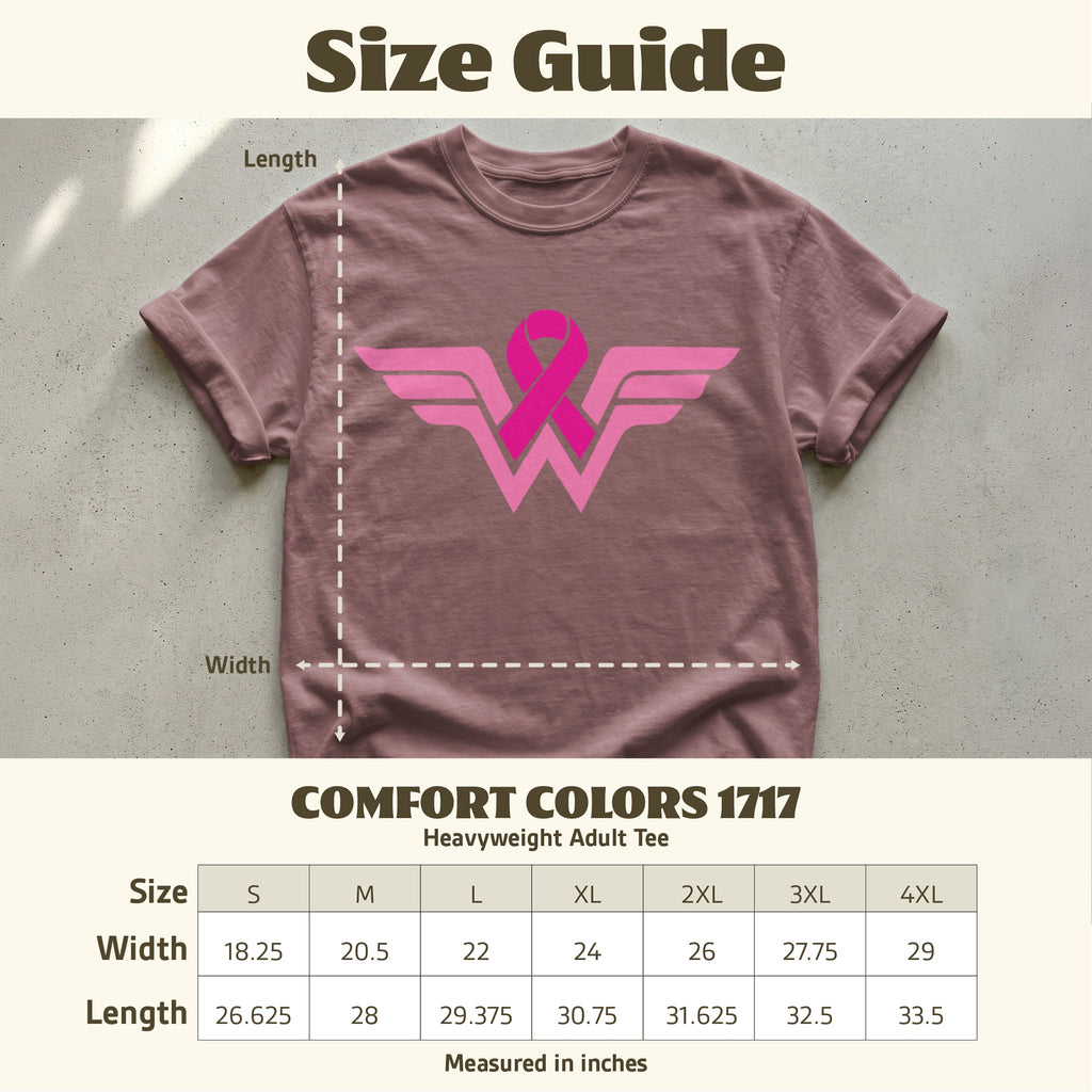 Comfort Colors 1717 heavyweight adult tee size guide with breast cancer ribbon design.