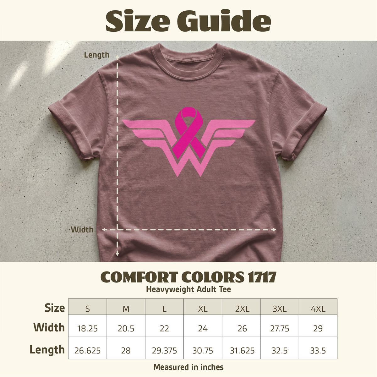 Comfort Colors 1717 heavyweight adult tee size guide with breast cancer ribbon design.