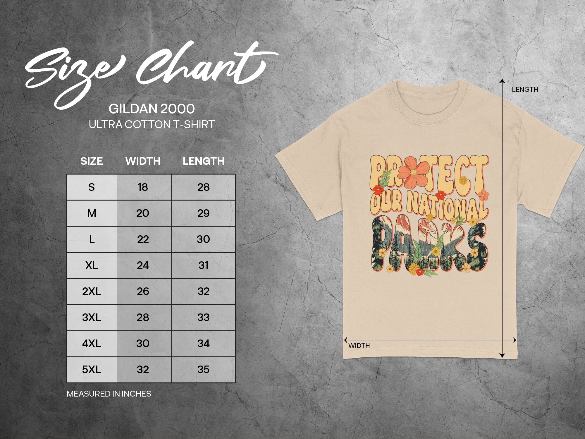 Gildan 2000 size chart for ultra cotton t-shirts, measured in inches.