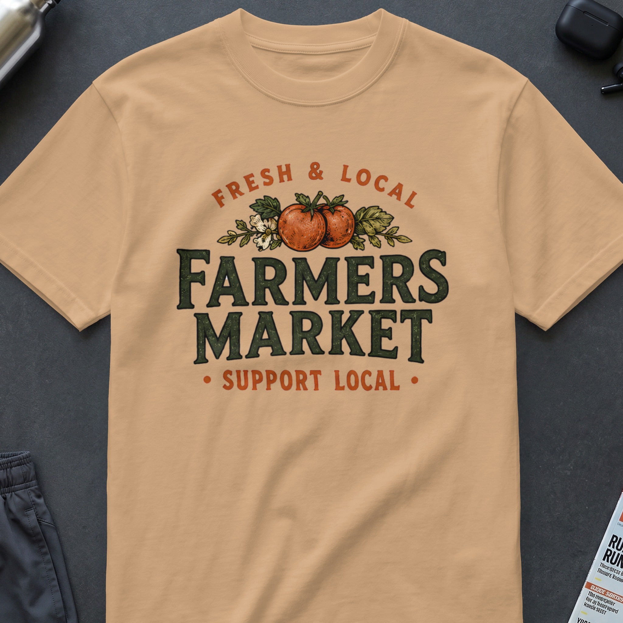 Peach t-shirt with "Fresh & Local Farmers Market Support Local" text and tomatoes.