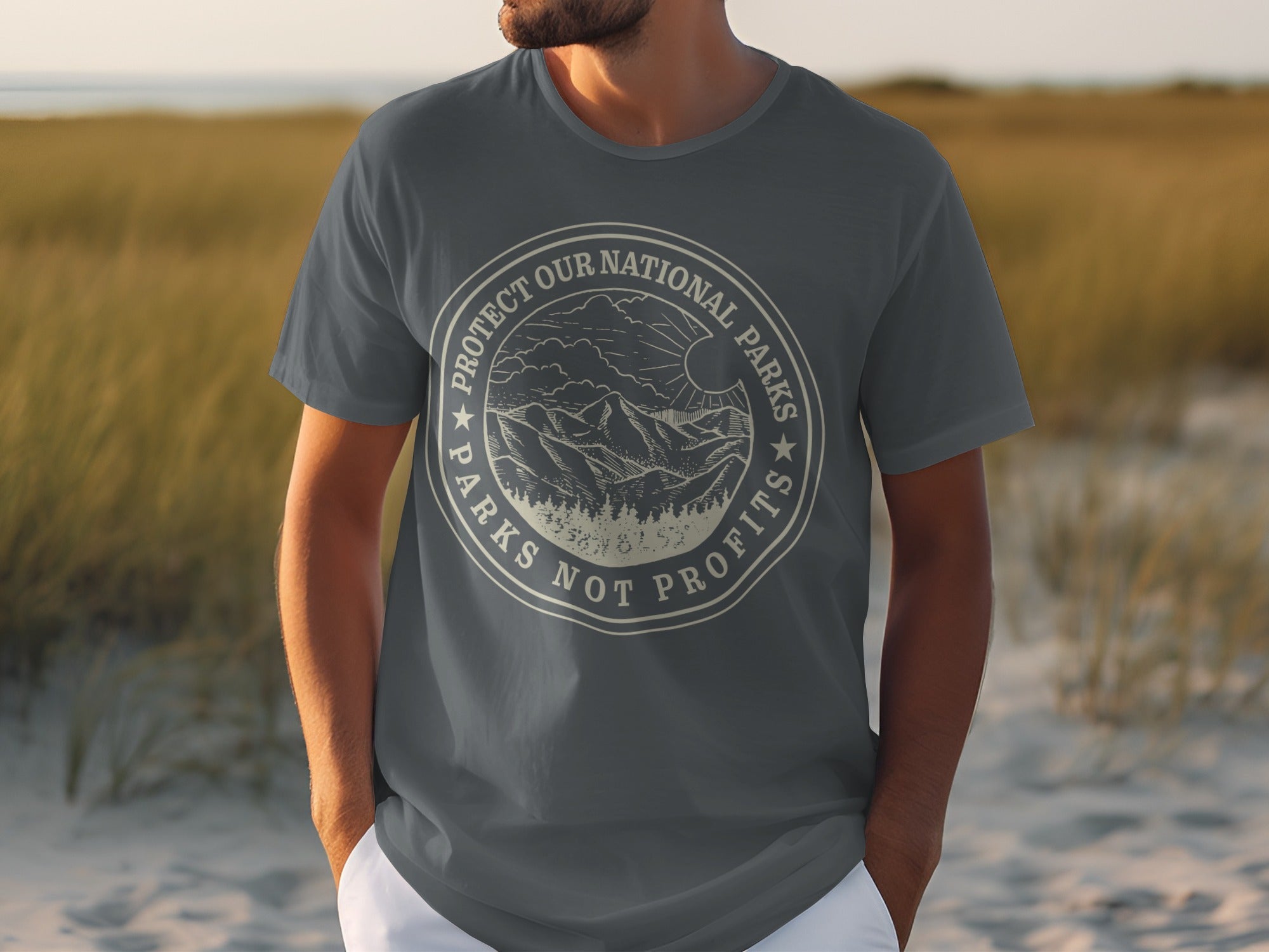 Dark grey t-shirt with circular "Protect Our National Parks Not Profits" graphic.