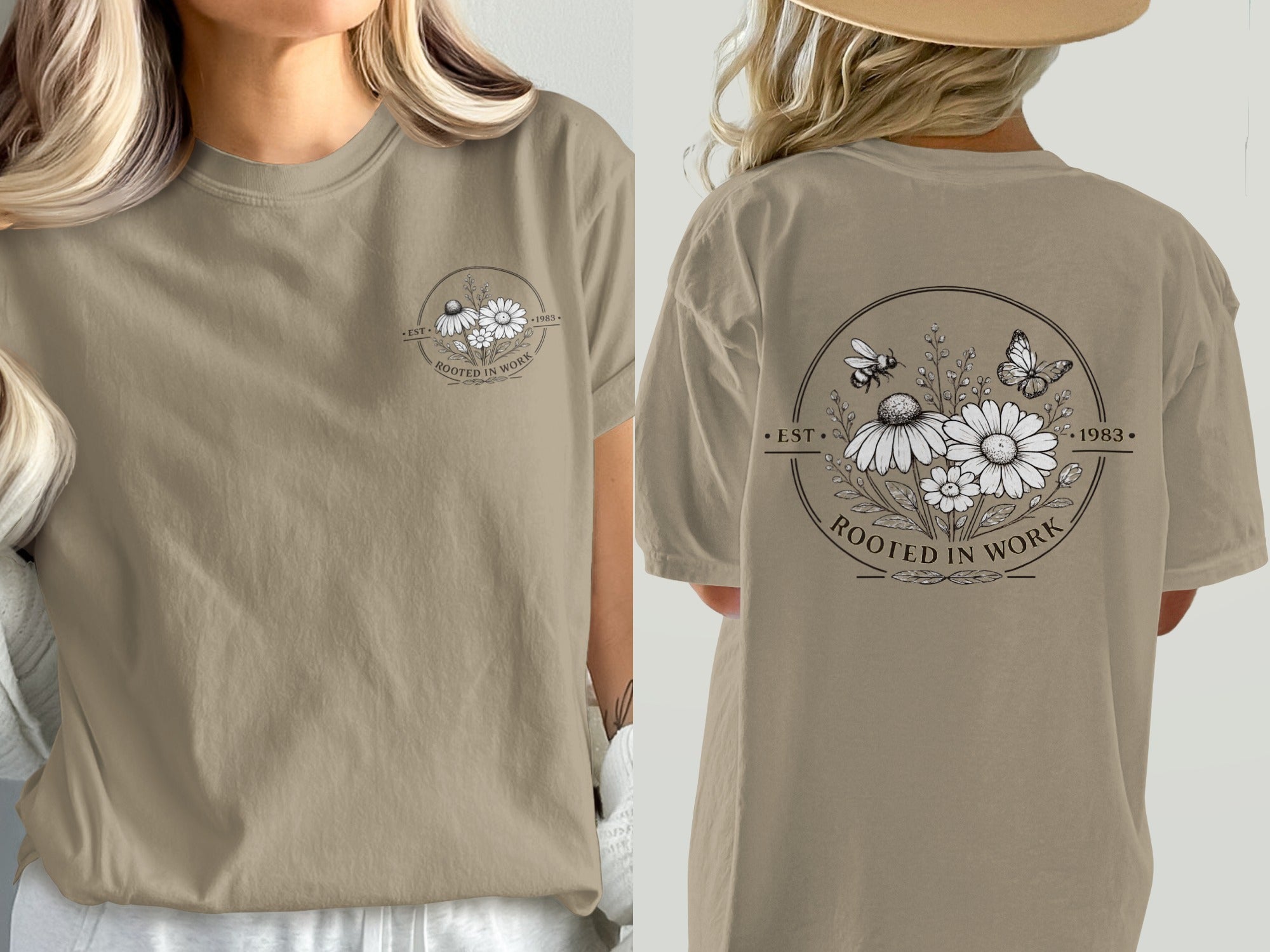T-shirt with floral design and text "EST. 1983 ROOTED IN WORK" on the back.