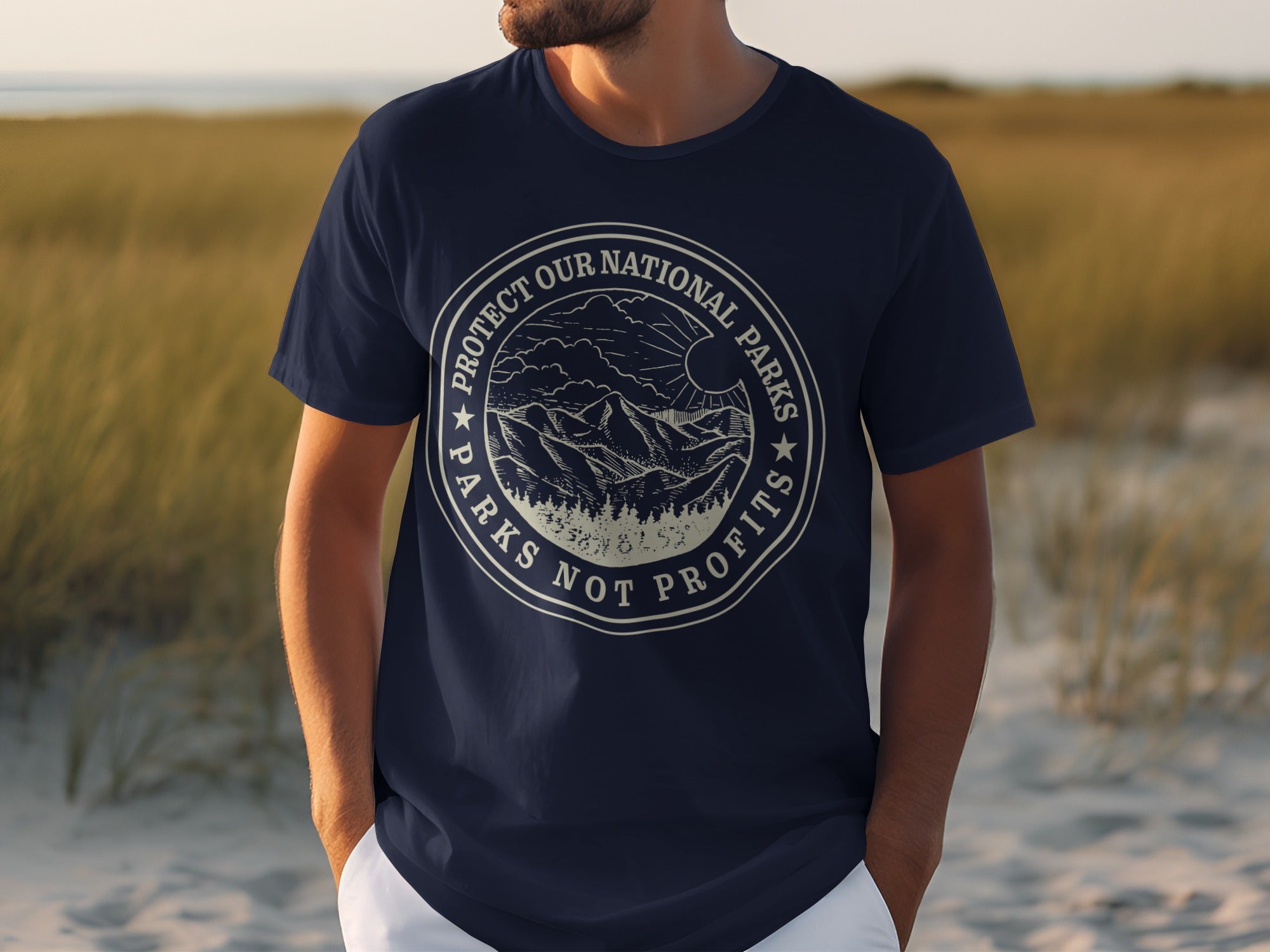 Navy t-shirt with circular graphic: "Protect Our National Parks Parks Not Profits."