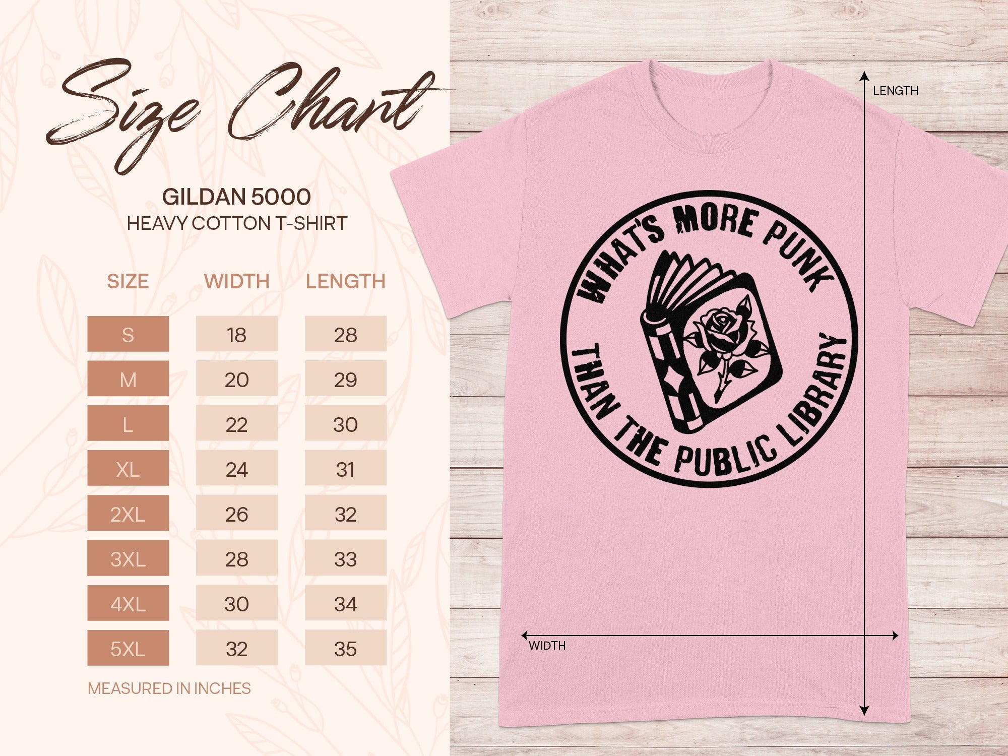Gildan 5000 Heavy Cotton T-Shirt size chart with "What's More Punk Than the Public Library" graphic.