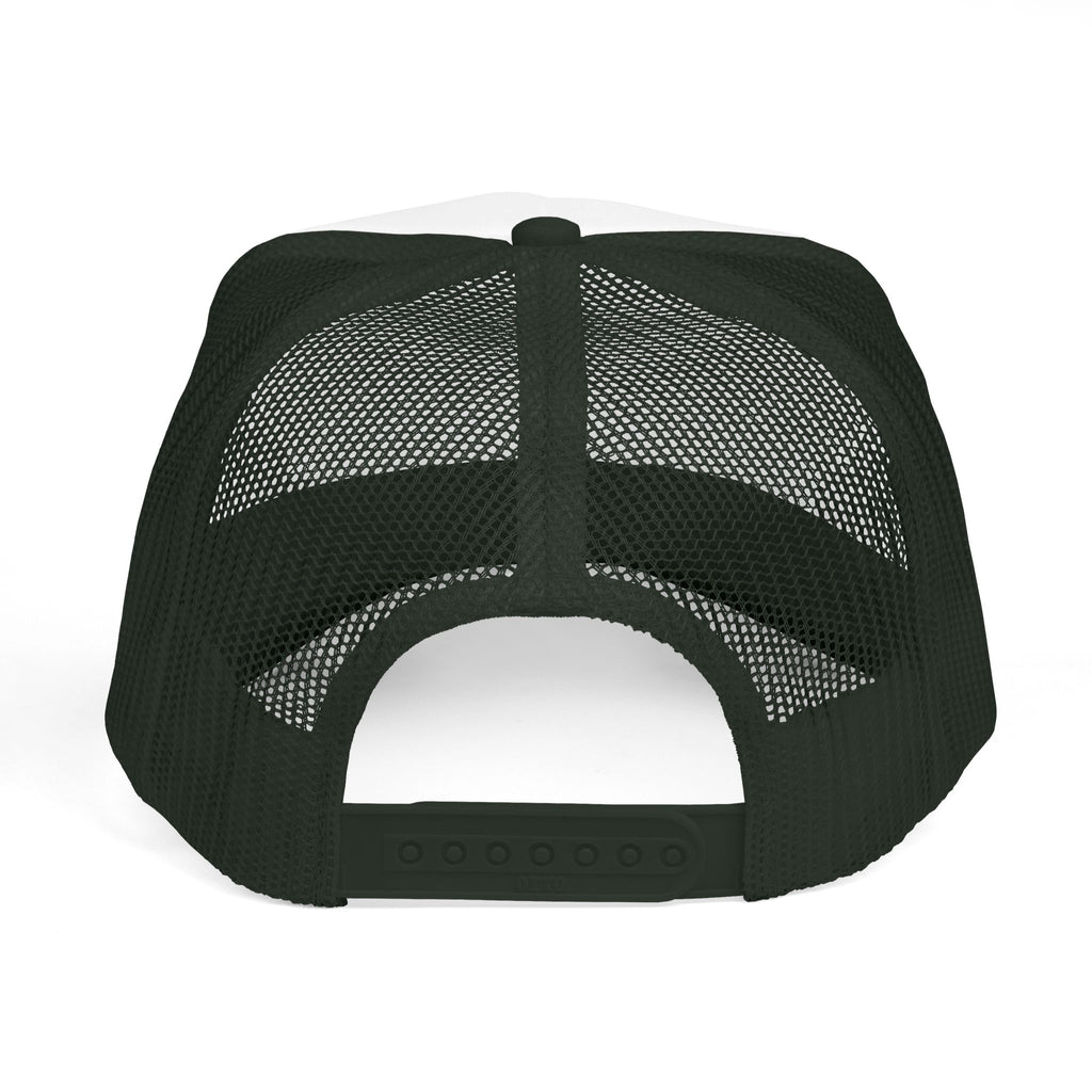 Back view of a white and black trucker hat with mesh panels and snapback closure.