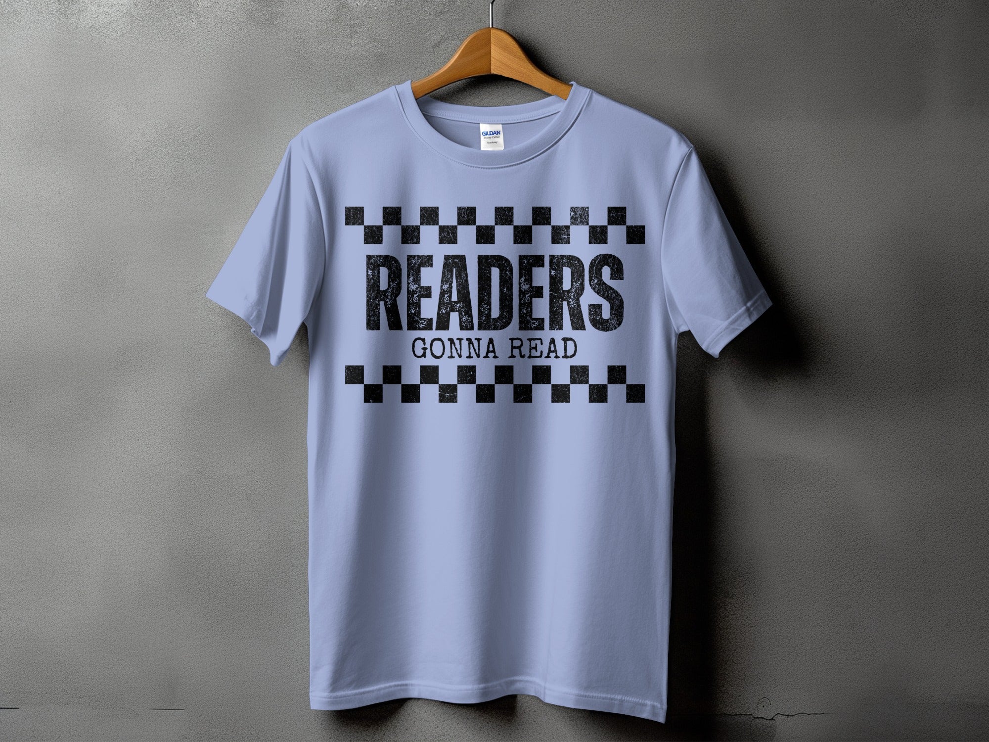 Light blue t-shirt with black distressed text "READERS GONNA READ".