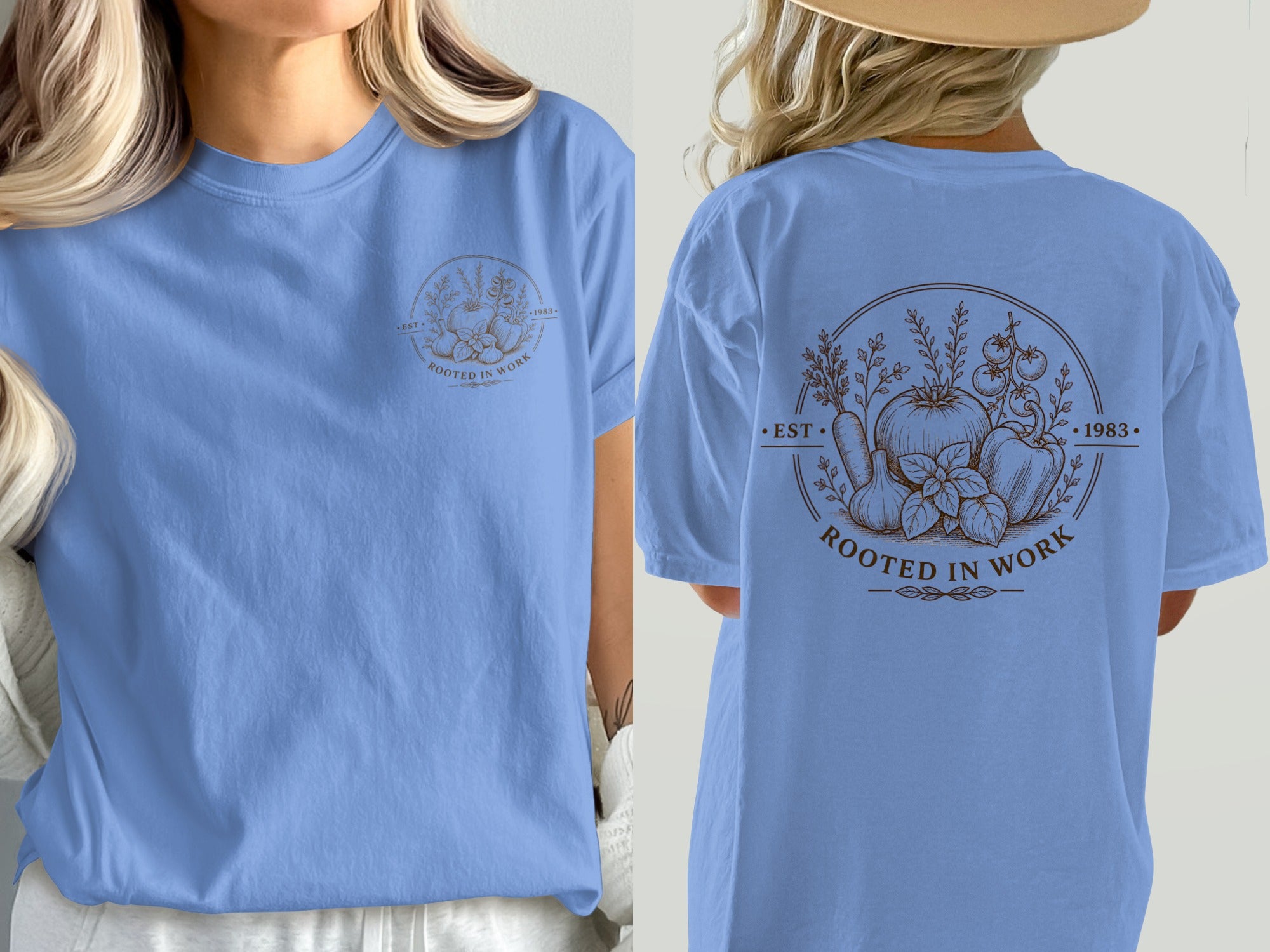 Blue t-shirt front and back with a circular vegetable garden graphic and "ROOTED IN WORK" text.