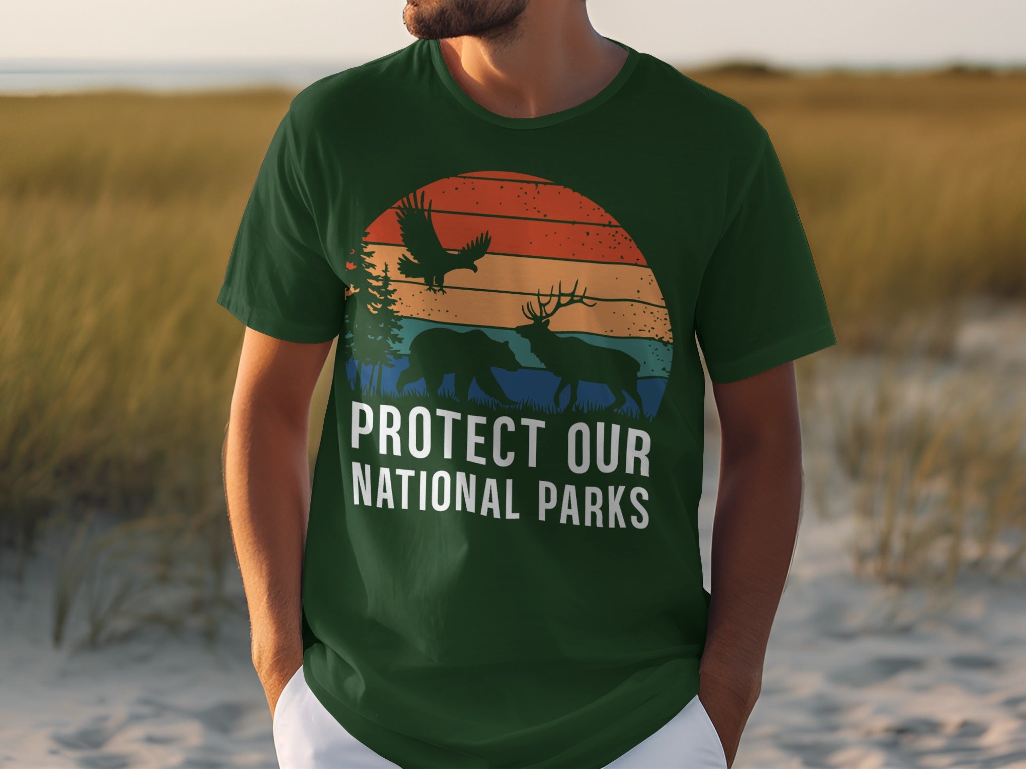 Green t-shirt with "Protect Our National Parks" text and wildlife graphic.