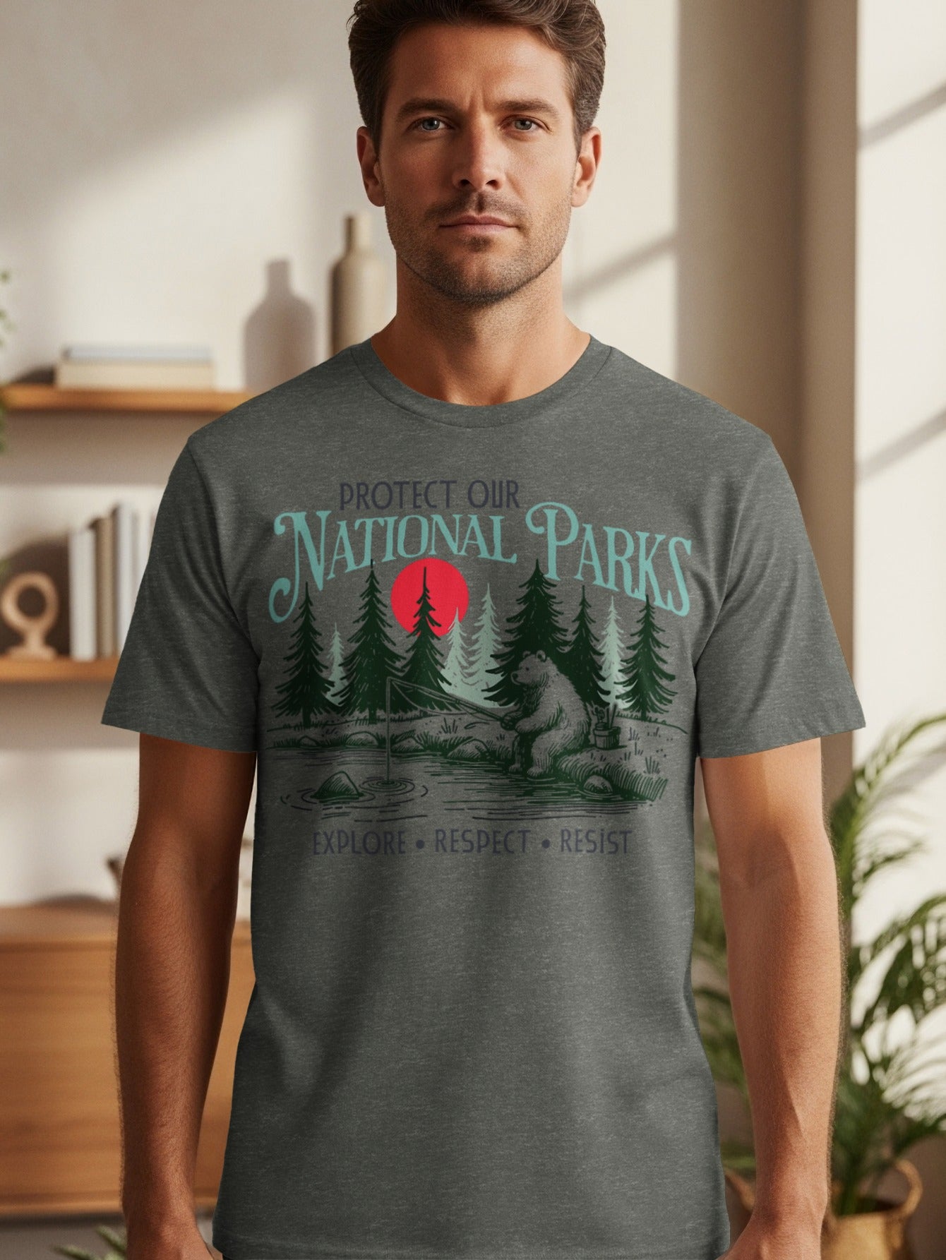 Dark gray t-shirt with "Protect Our National Parks" text, bear fishing, and trees.