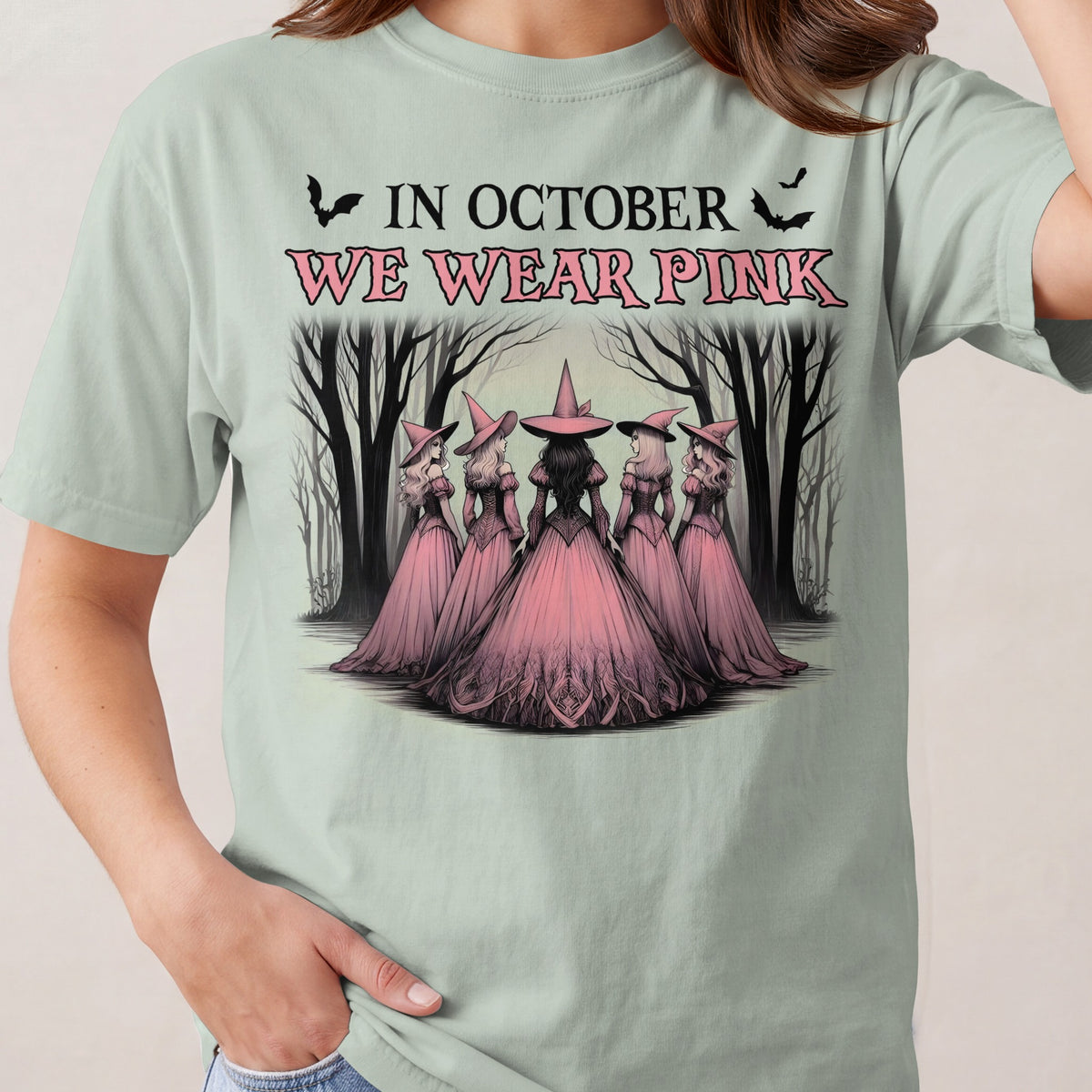 In October we wear pink, witches in pink dresses in forest