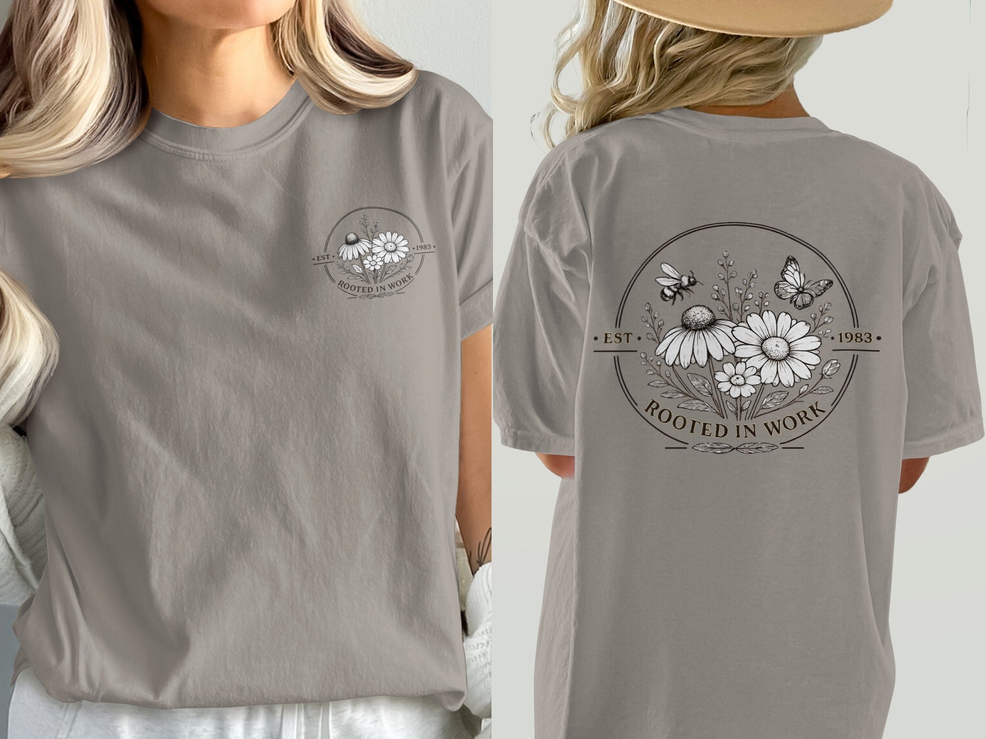 Taupe t-shirt with floral design, bee, butterfly, and text "ROOTED IN WORK" and "EST. 1983".