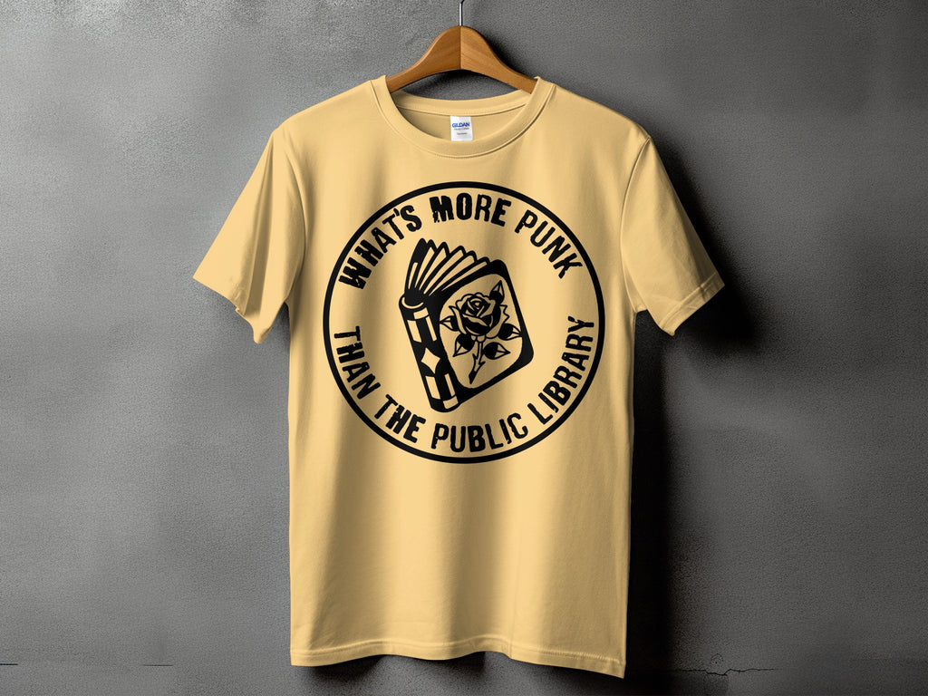 Yellow t-shirt with black graphic text and design of a book with a rose.