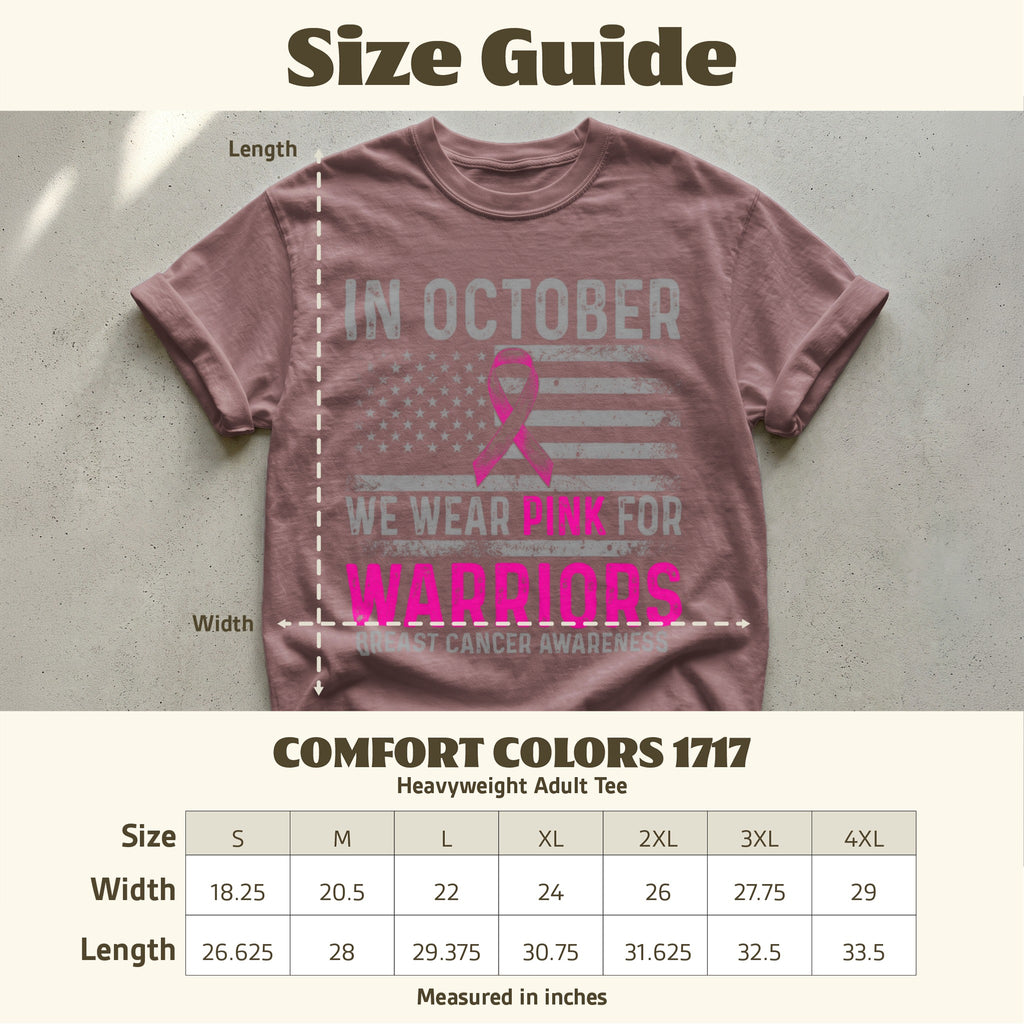 Size guide for Comfort Colors 1717 heavyweight adult tee with breast cancer awareness graphic.