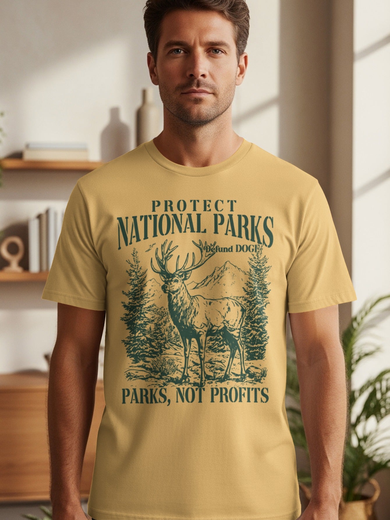 T-shirt with "Protect National Parks" and a stag graphic.