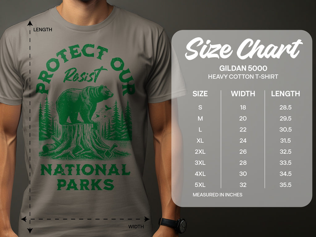 Green graphic on gray t-shirt with bear and forest, plus Gildan 5000 size chart.