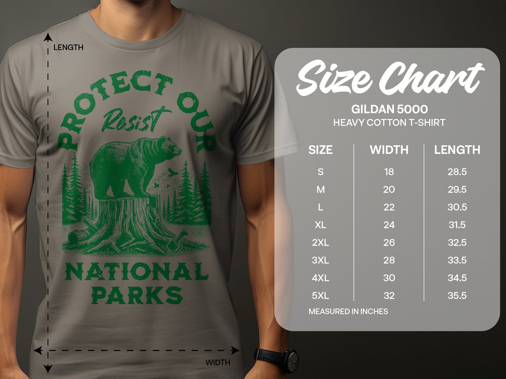 Green graphic on gray t-shirt with bear and forest, plus Gildan 5000 size chart.