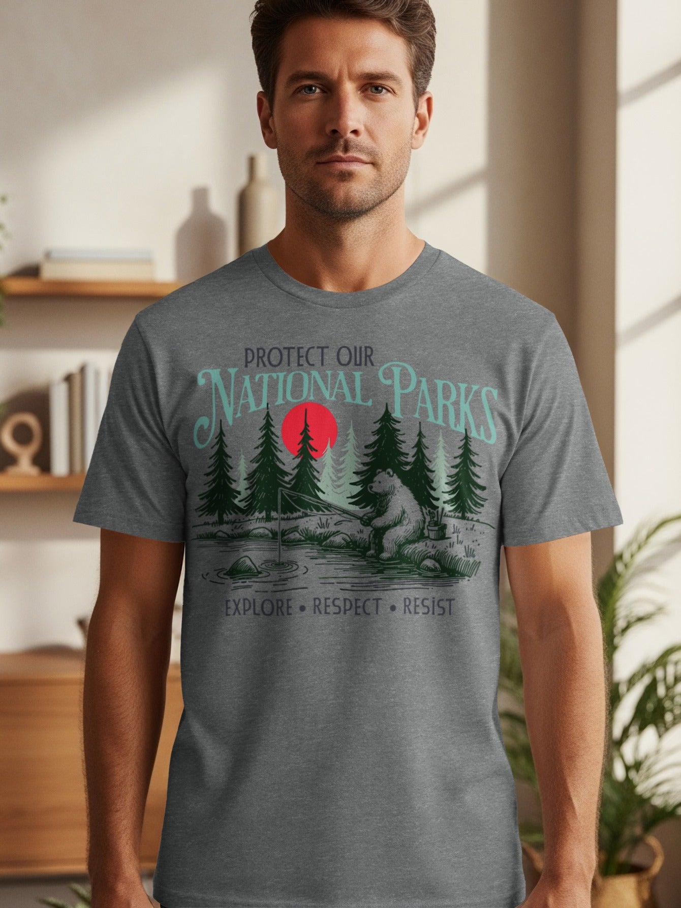 T-shirt with "Protect Our National Parks" text, bear fishing, and pine trees.