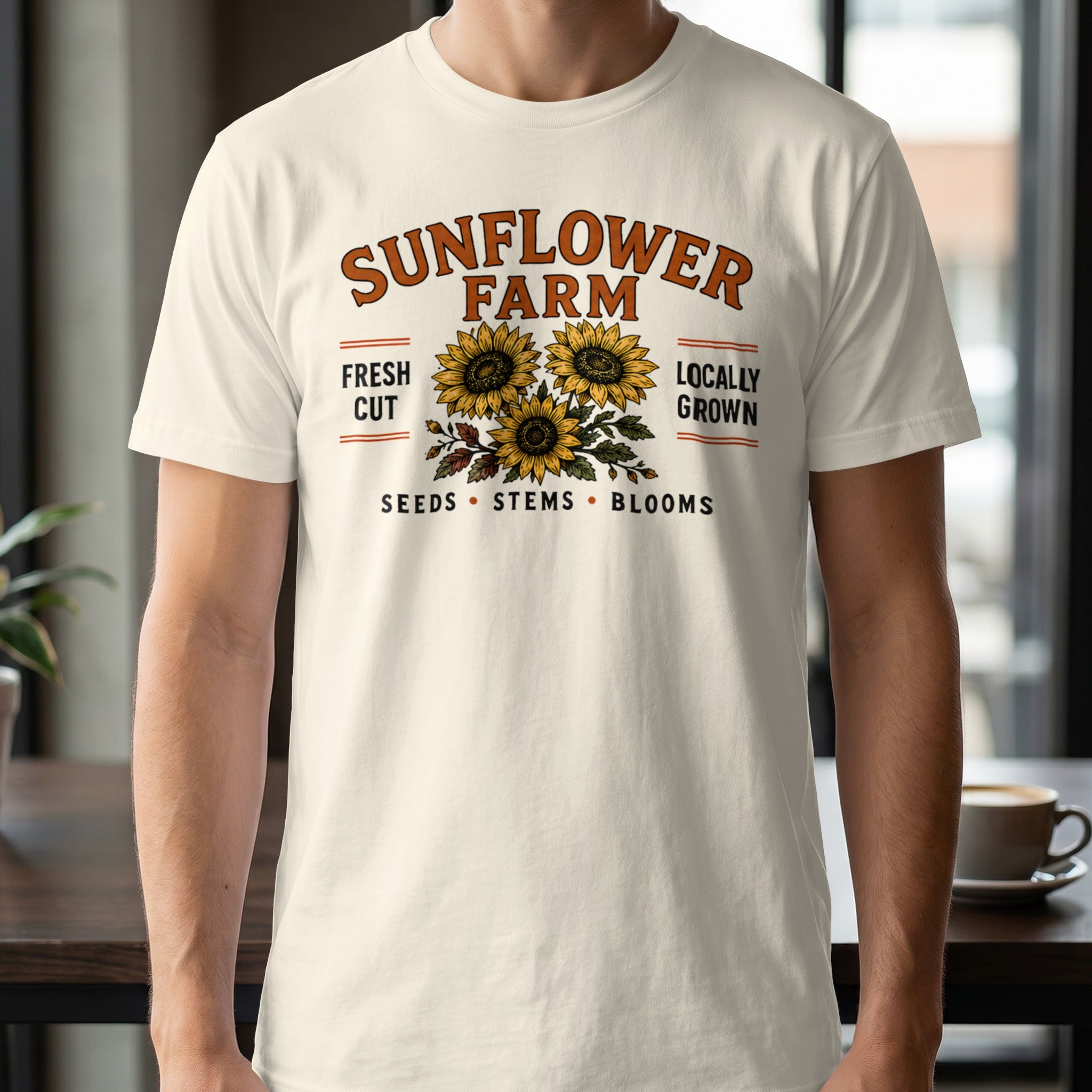 Cream t-shirt with "Sunflower Farm" text and sunflower graphic.