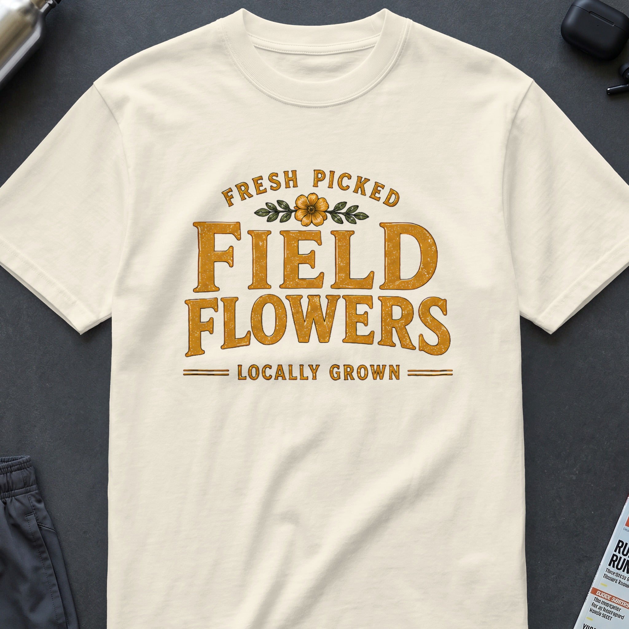Cream t-shirt with "Fresh Picked Field Flowers" text and floral graphic.