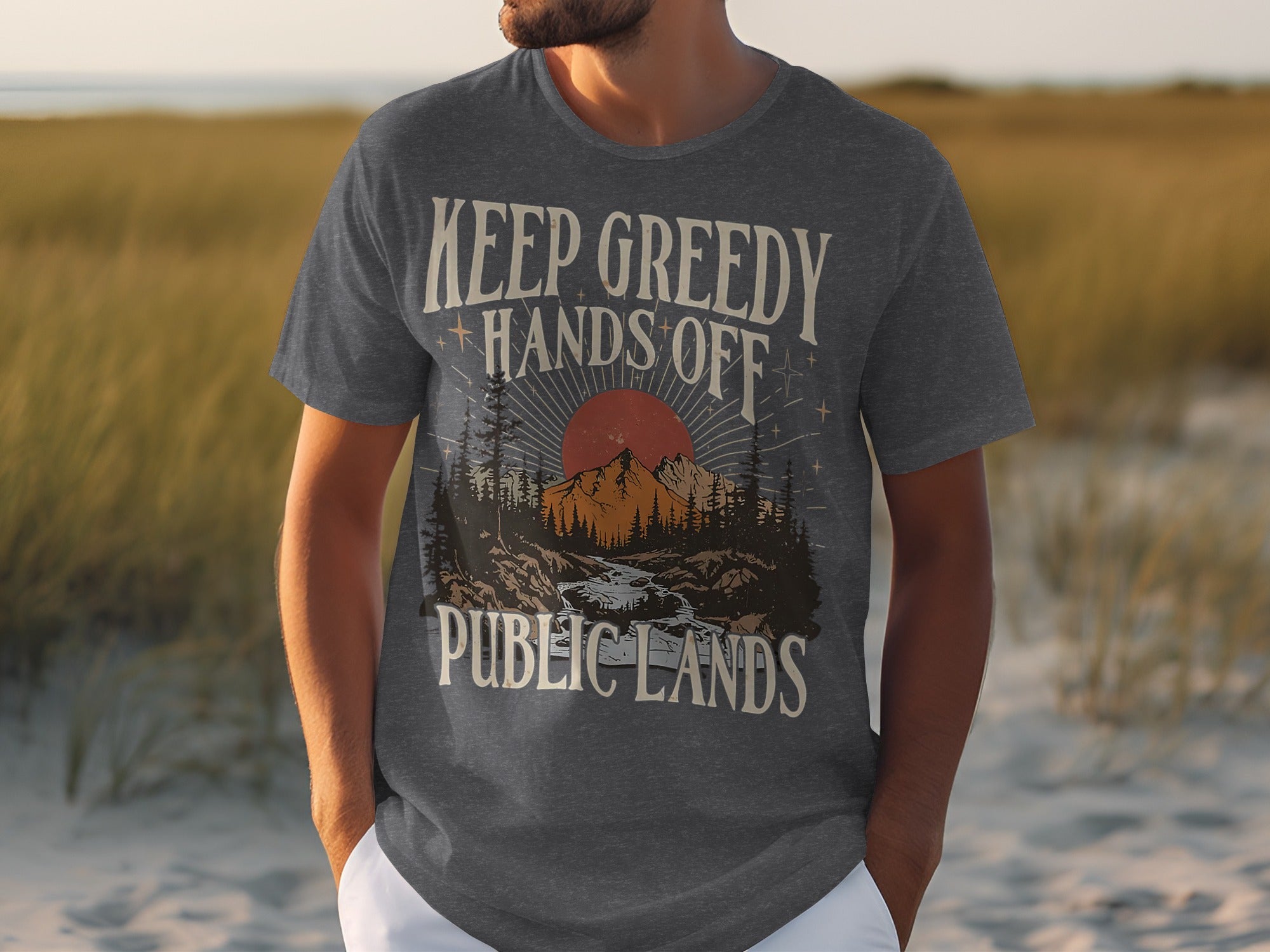 Dark grey t-shirt with landscape graphic and text: Keep Greedy Hands Off Public Lands.