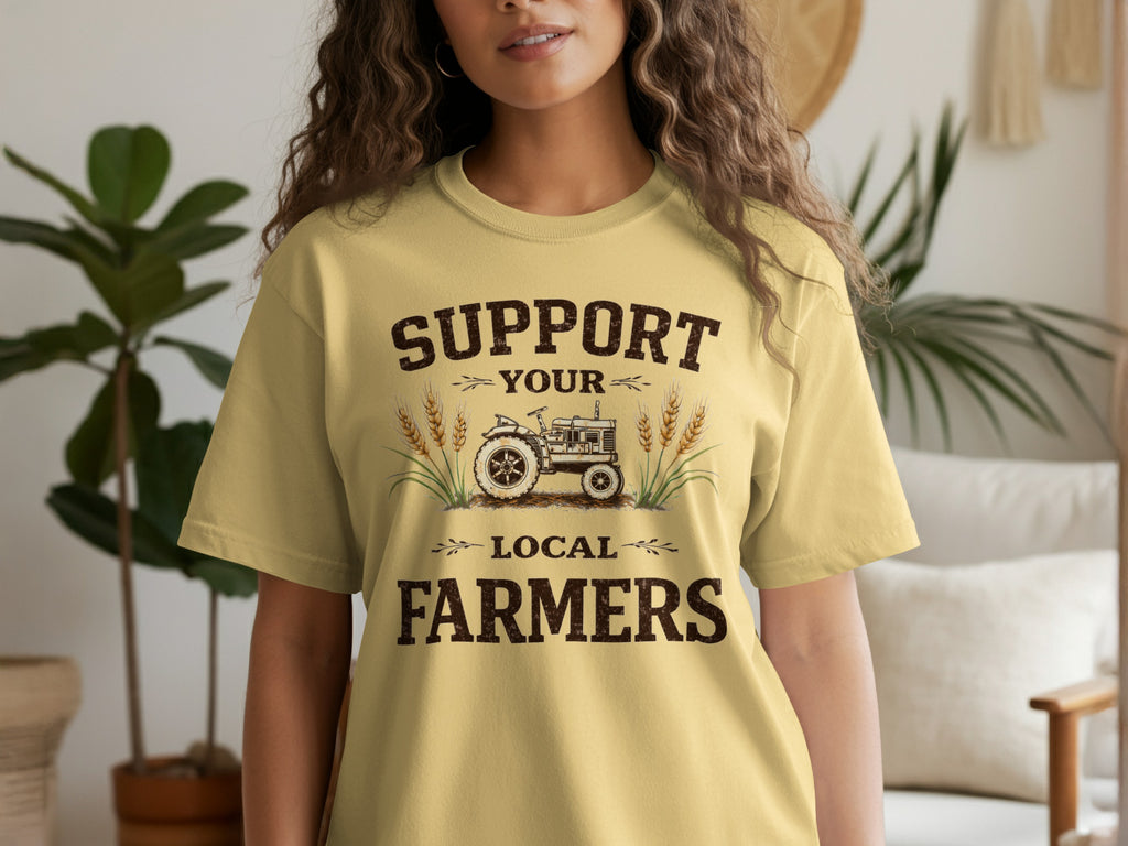 Yellow t-shirt with "Support Your Local Farmers" text and tractor graphic.