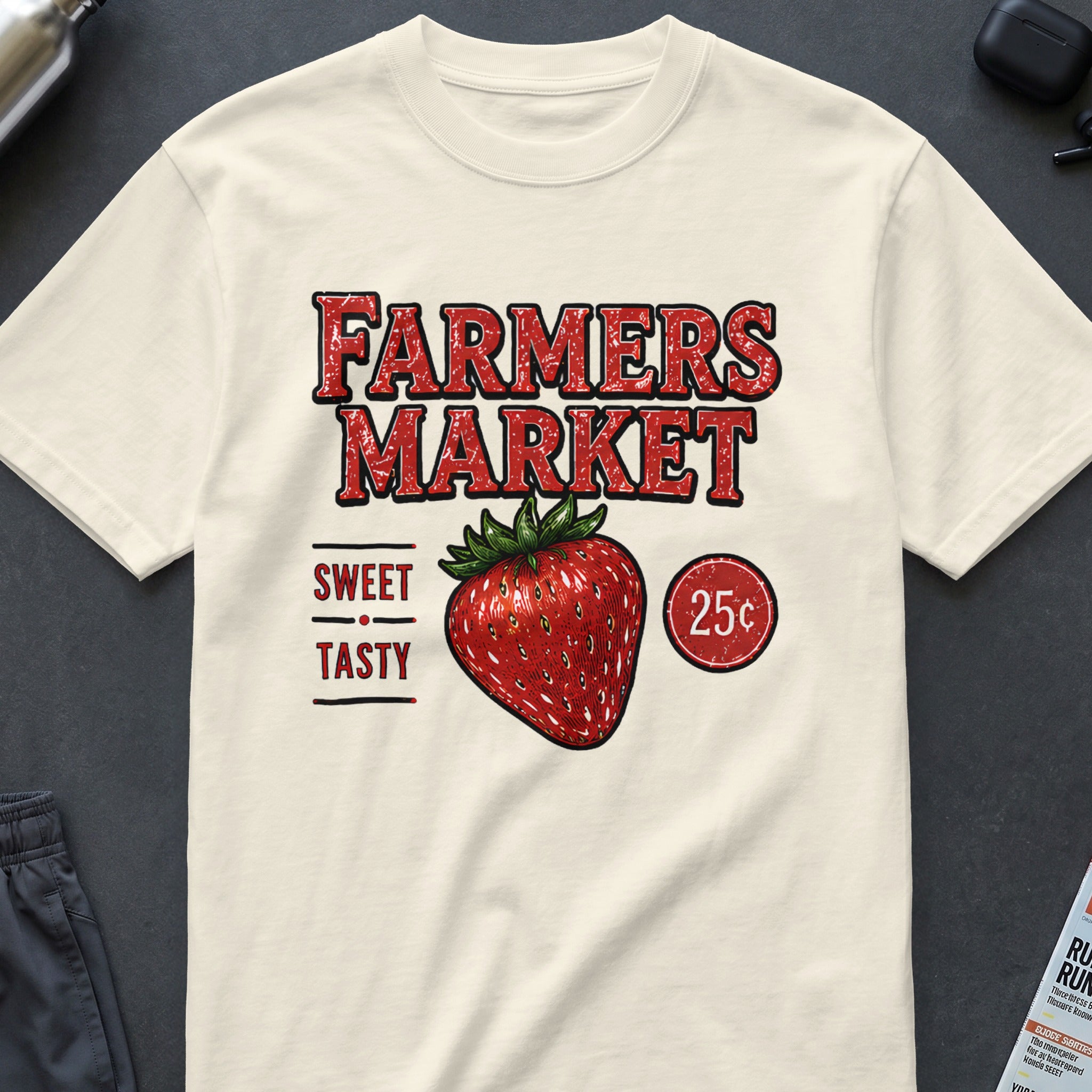 Cream t-shirt with "Farmers Market", strawberry, and "25c" graphic.