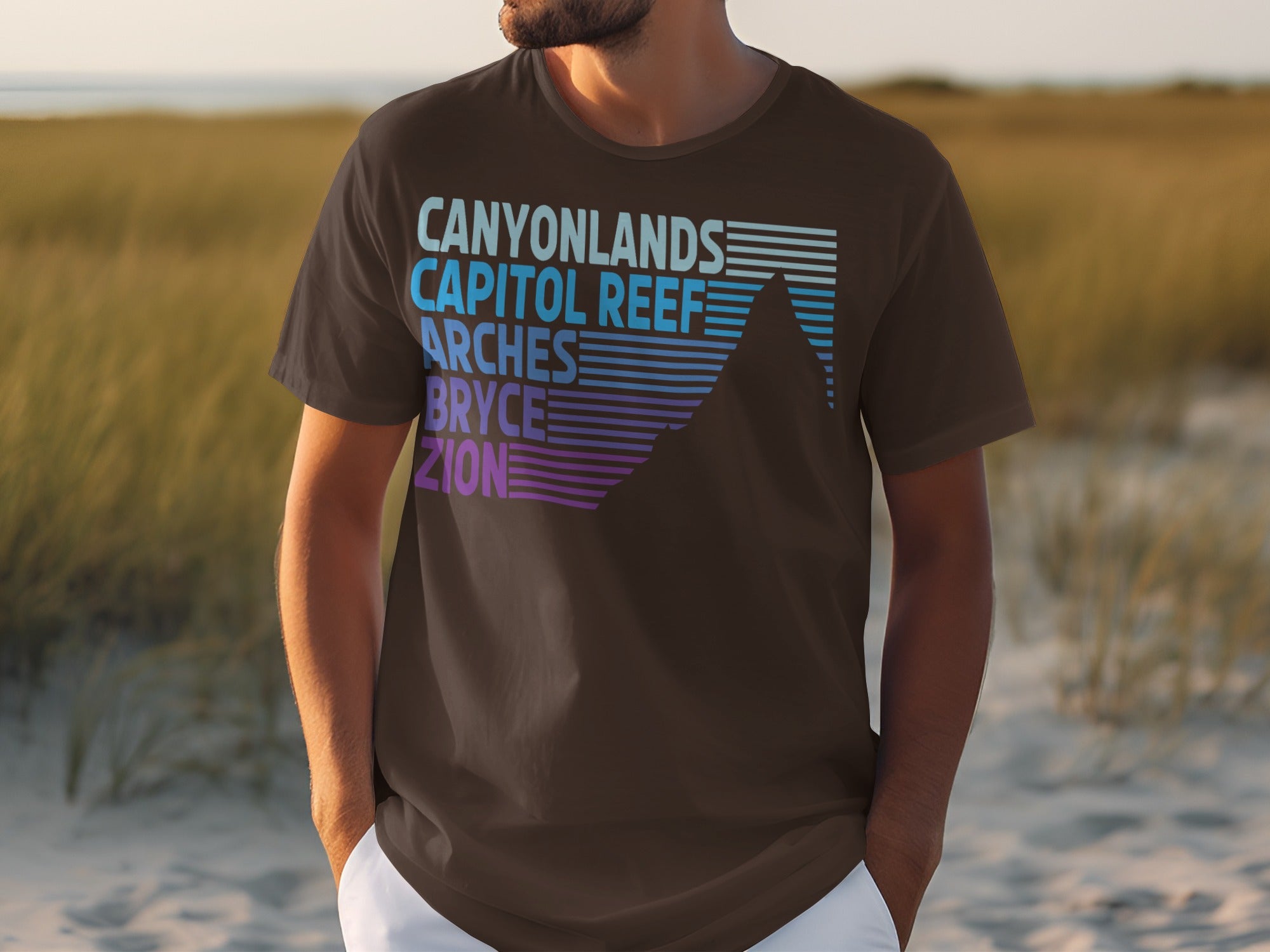 Brown t-shirt with white text listing national parks and a mountain graphic.