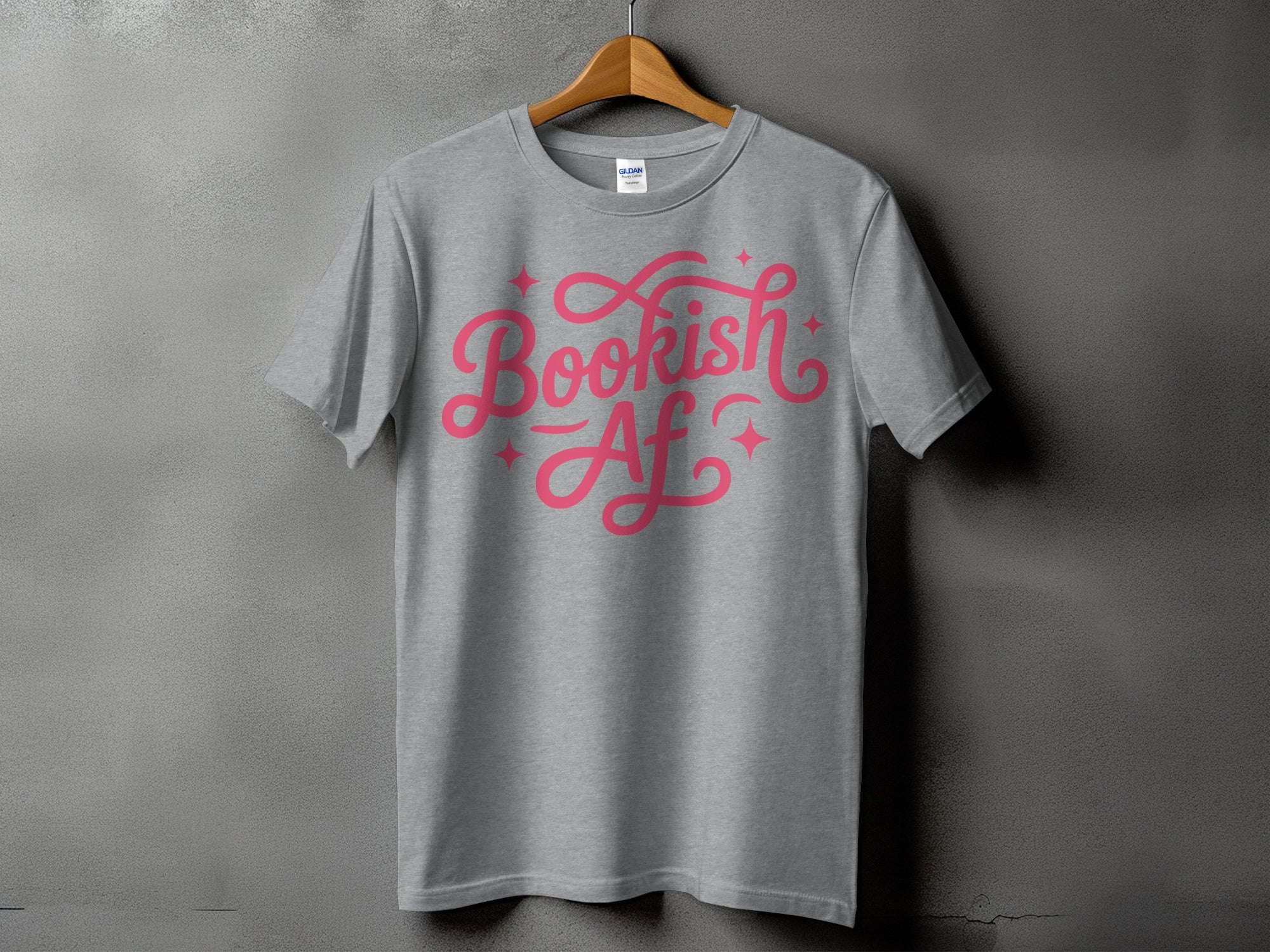 Grey t-shirt with pink "Bookish Af" text and star accents.