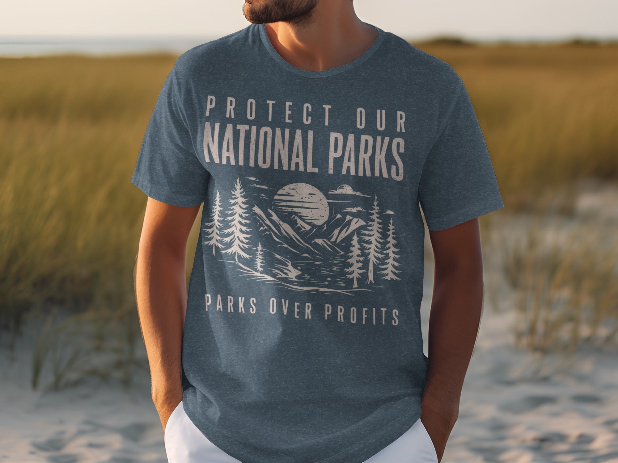 Blue t-shirt with "Protect Our National Parks" and mountain graphic.
