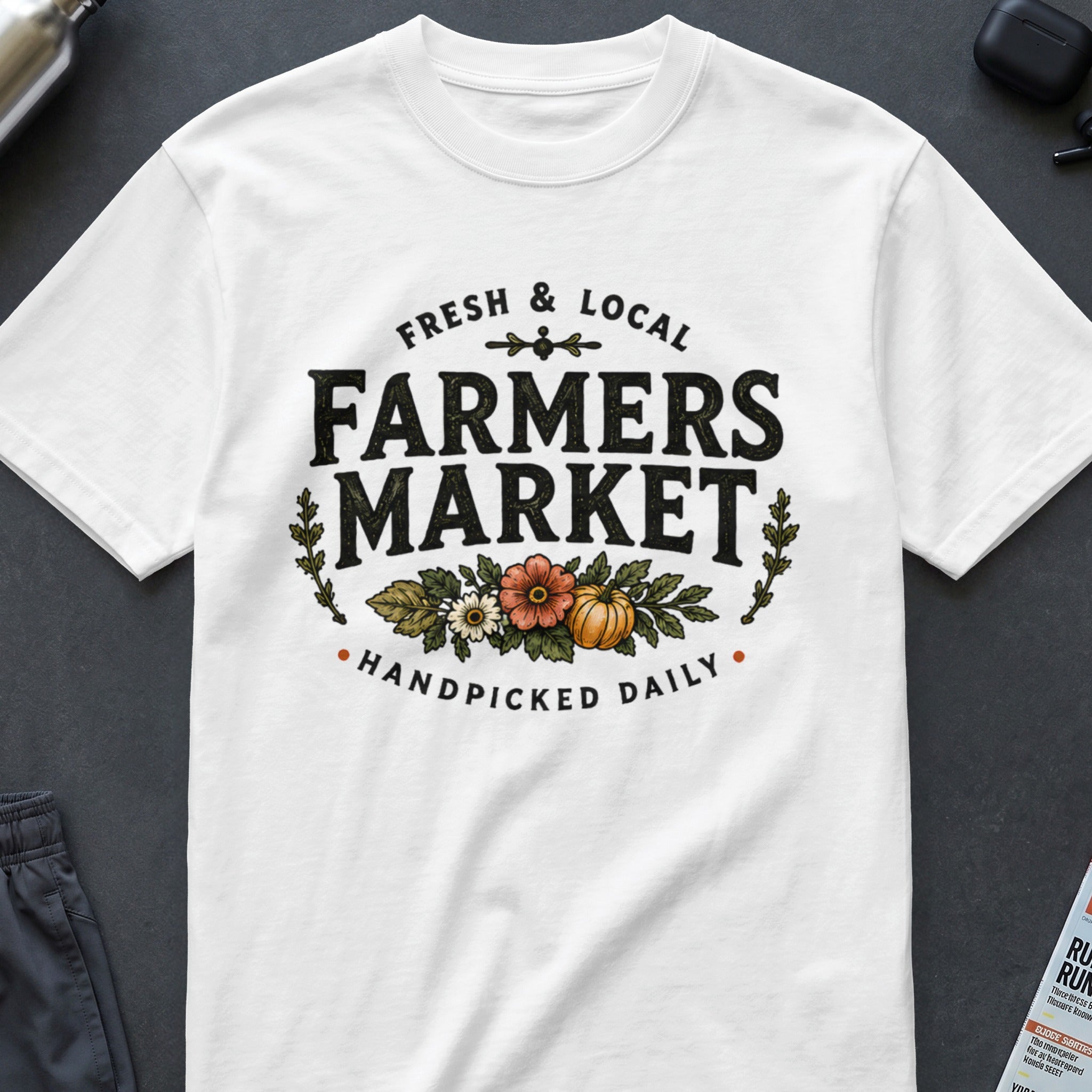 White t-shirt with "Fresh & Local Farmers Market Handpicked Daily" text and floral design.