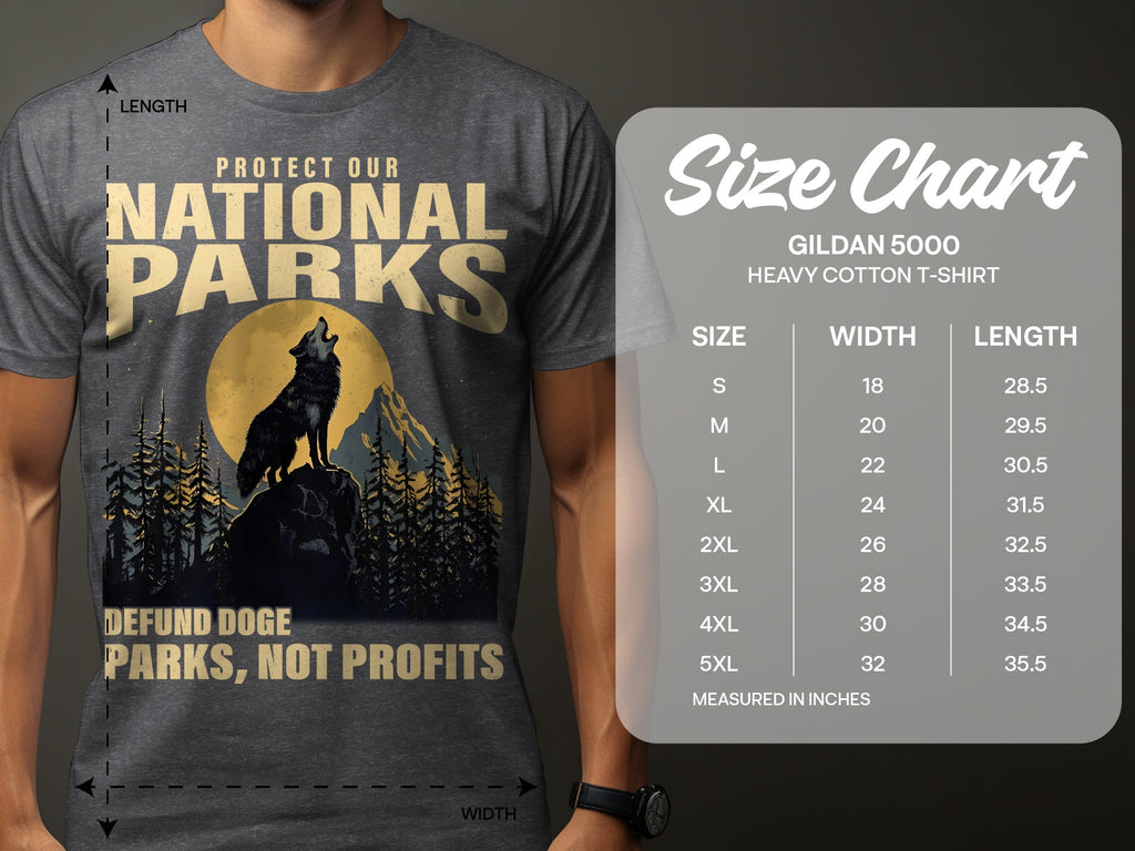 Grey t-shirt with National Parks graphic, wolf howling at moon, and size chart.