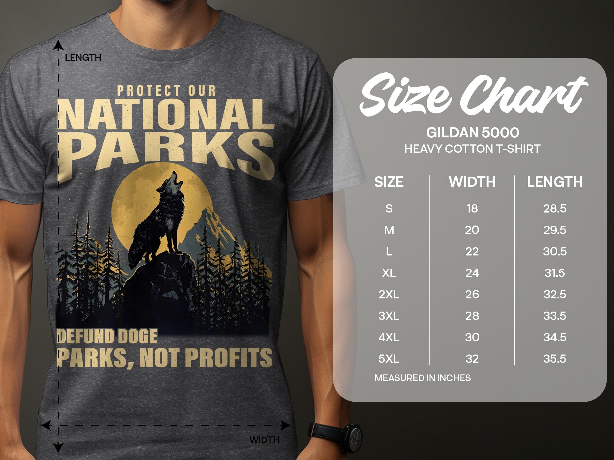 Grey t-shirt with National Parks graphic, wolf howling at moon, and size chart.