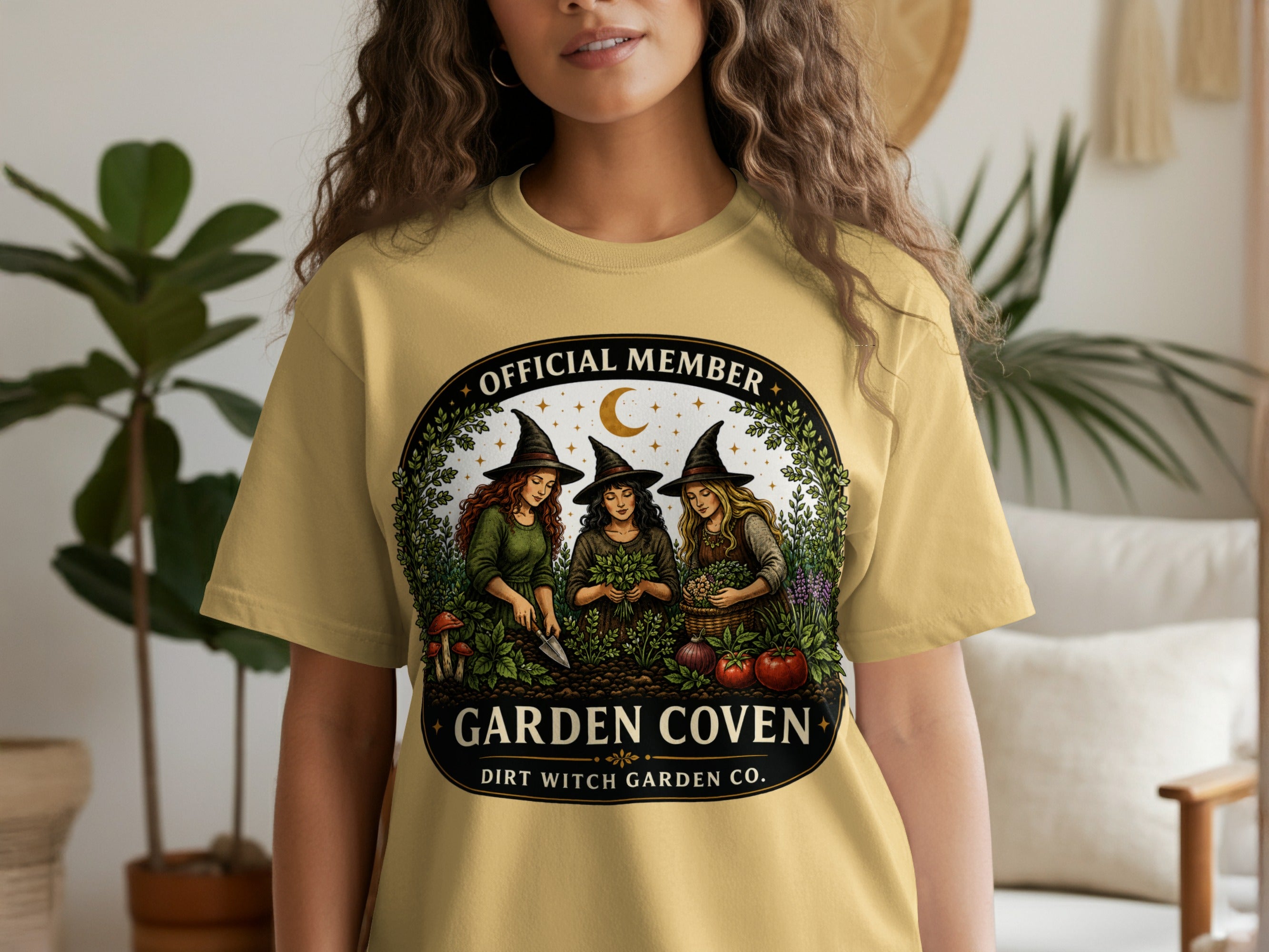 "Official Member Garden Coven Dirt Witch Garden Co." t-shirt graphic.
