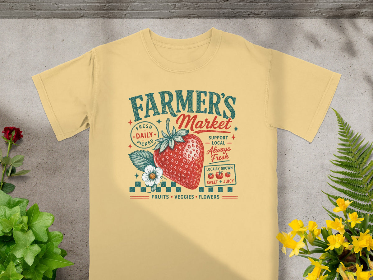 Yellow t-shirt with "Farmer's Market" text and strawberry graphic.