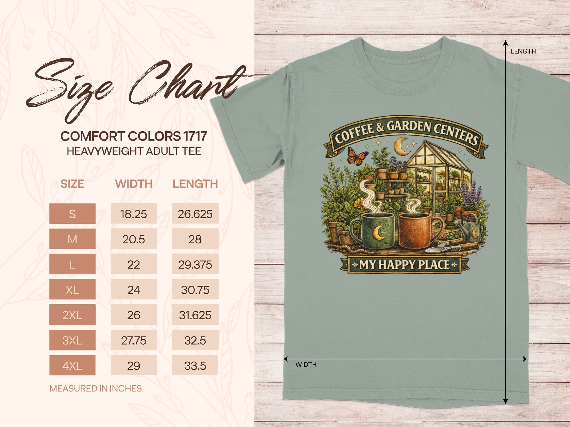 Comfort Colors 1717 size chart for heavyweight adult tee alongside a graphic.