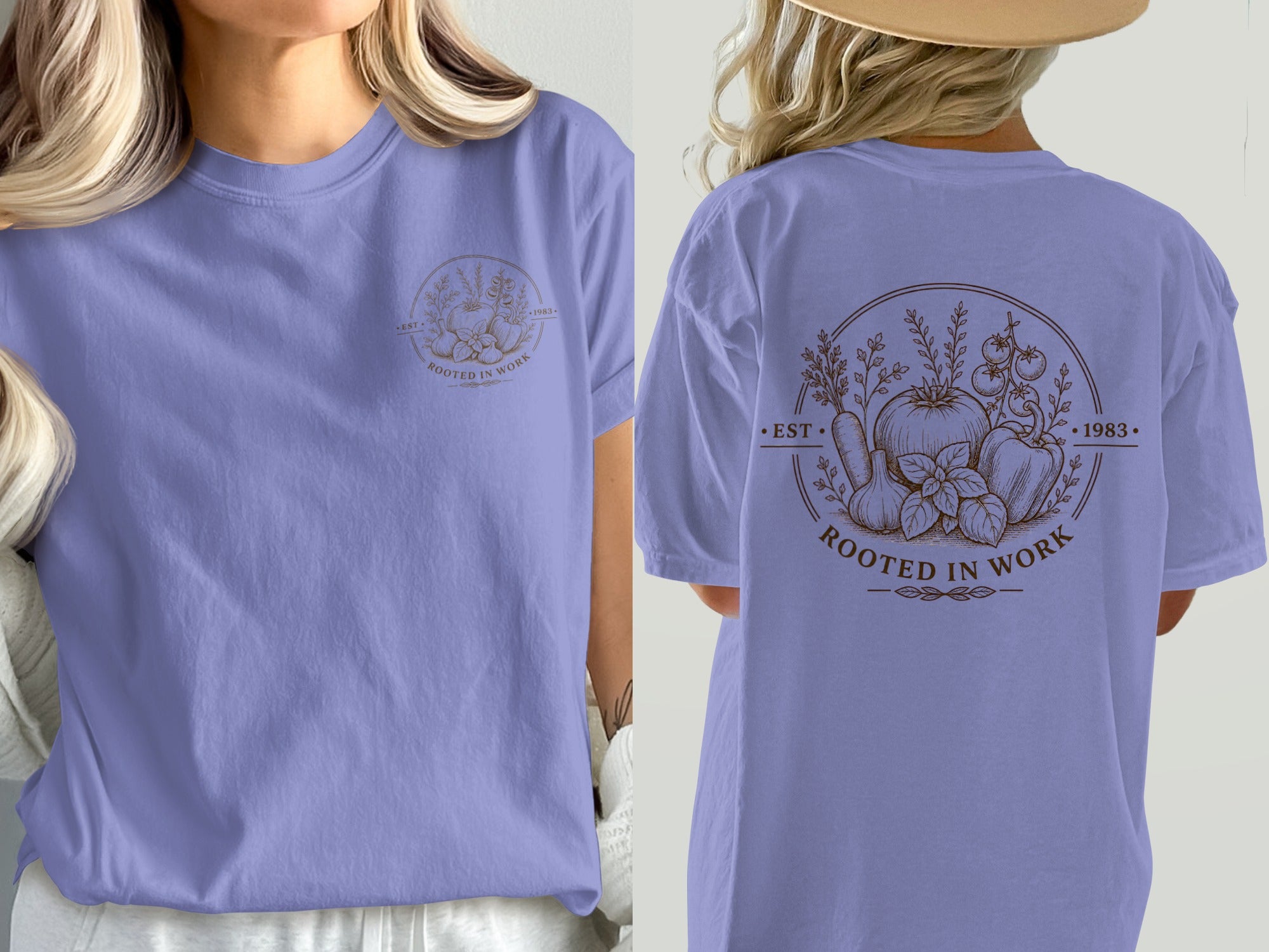 Purple t-shirt with a brown circular graphic of vegetables and text "Rooted in Work".