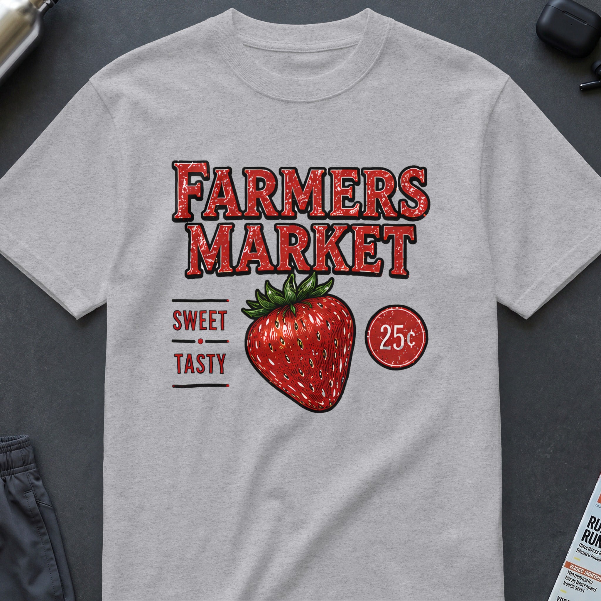 Grey t-shirt with "FARMERS MARKET" text, a strawberry, and "SWEET TASTY 25¢".