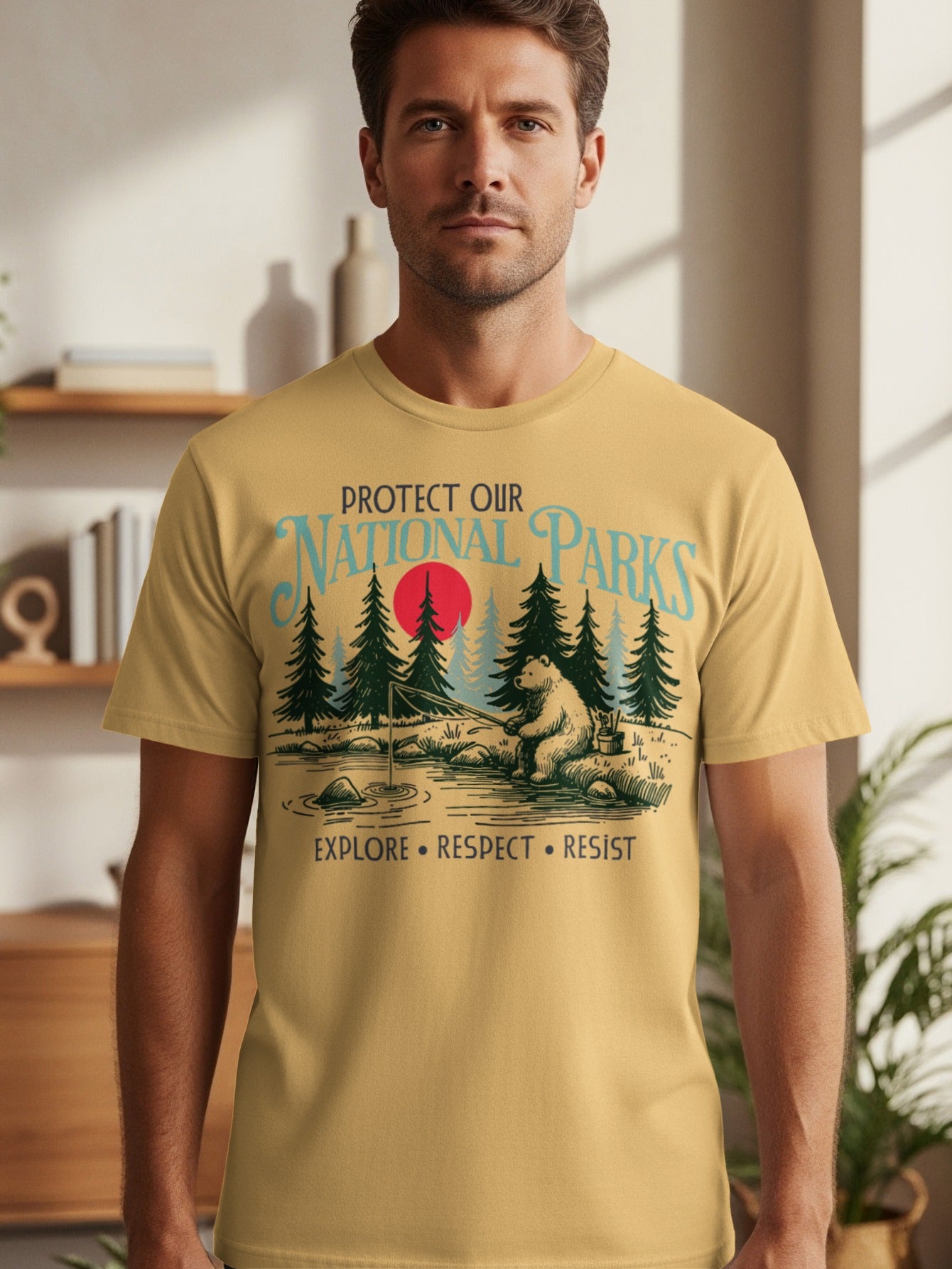 Yellow t-shirt with "Protect Our National Parks" graphic and bear fishing lure.