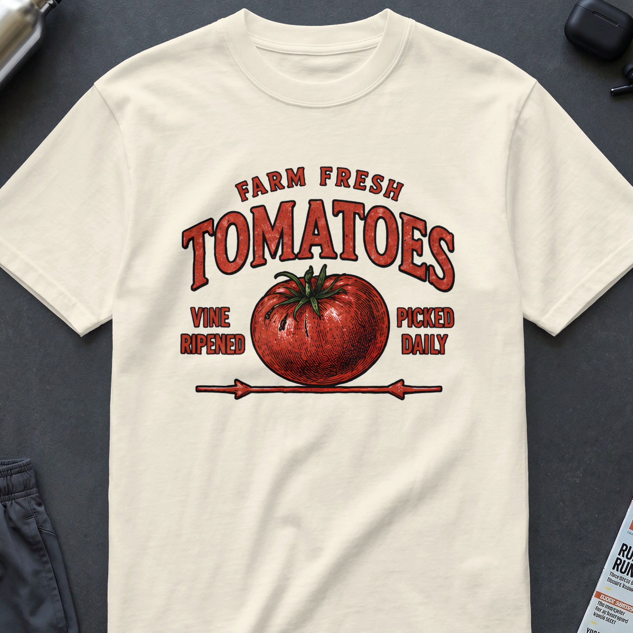 Cream t-shirt with "Farm Fresh Tomatoes" graphic and tomato illustration.