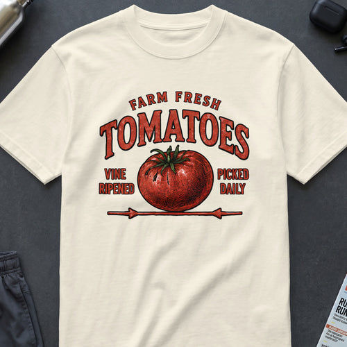 Cream t-shirt with "Farm Fresh Tomatoes" graphic and tomato illustration.