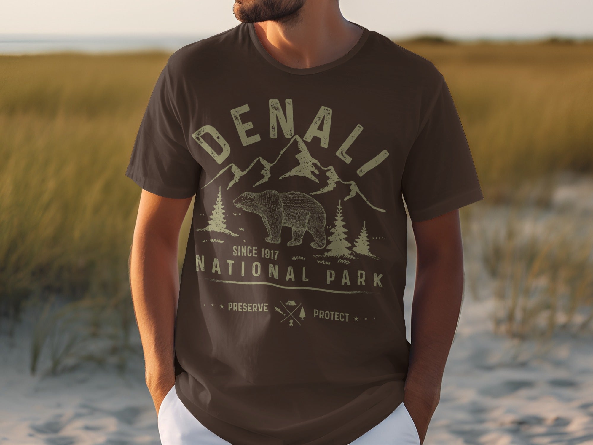 Brown t-shirt with Denali National Park graphic featuring mountains, bear, and trees.