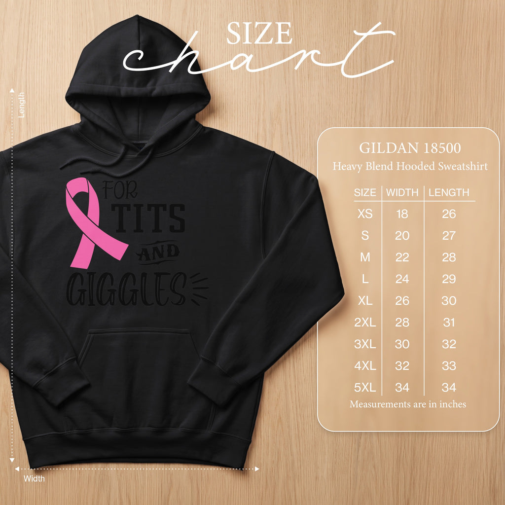 Black Gildan 18500 sweatshirt with "For Tits and Giggles" graphic and size chart.